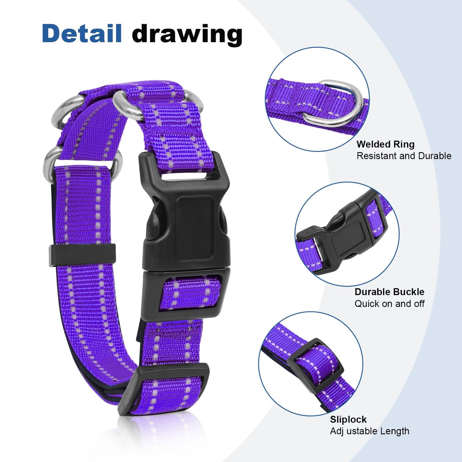 Reflective Martingale Dog Collars. Dog Collar with Quick Release Buckle. Adjustable Soft Padded Breathable Nylon Pet Collar Suitable for Puppies for Small Medium Large Dogs.