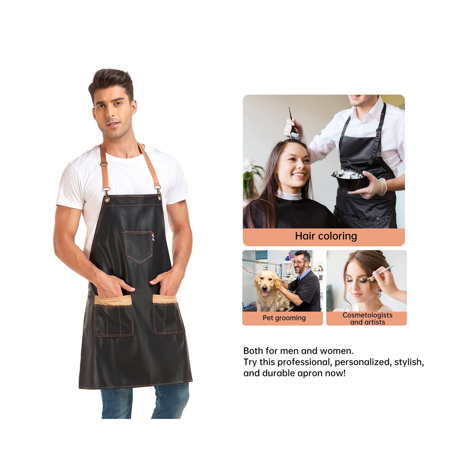 PERFEHAIR Durable Barber Apron for Hair Stylists - Waterproof & Soft, with 3 Useful Pockets - Perfect for Salon, Cosmetology, and Dog Grooming, Both for Men & Women, Black