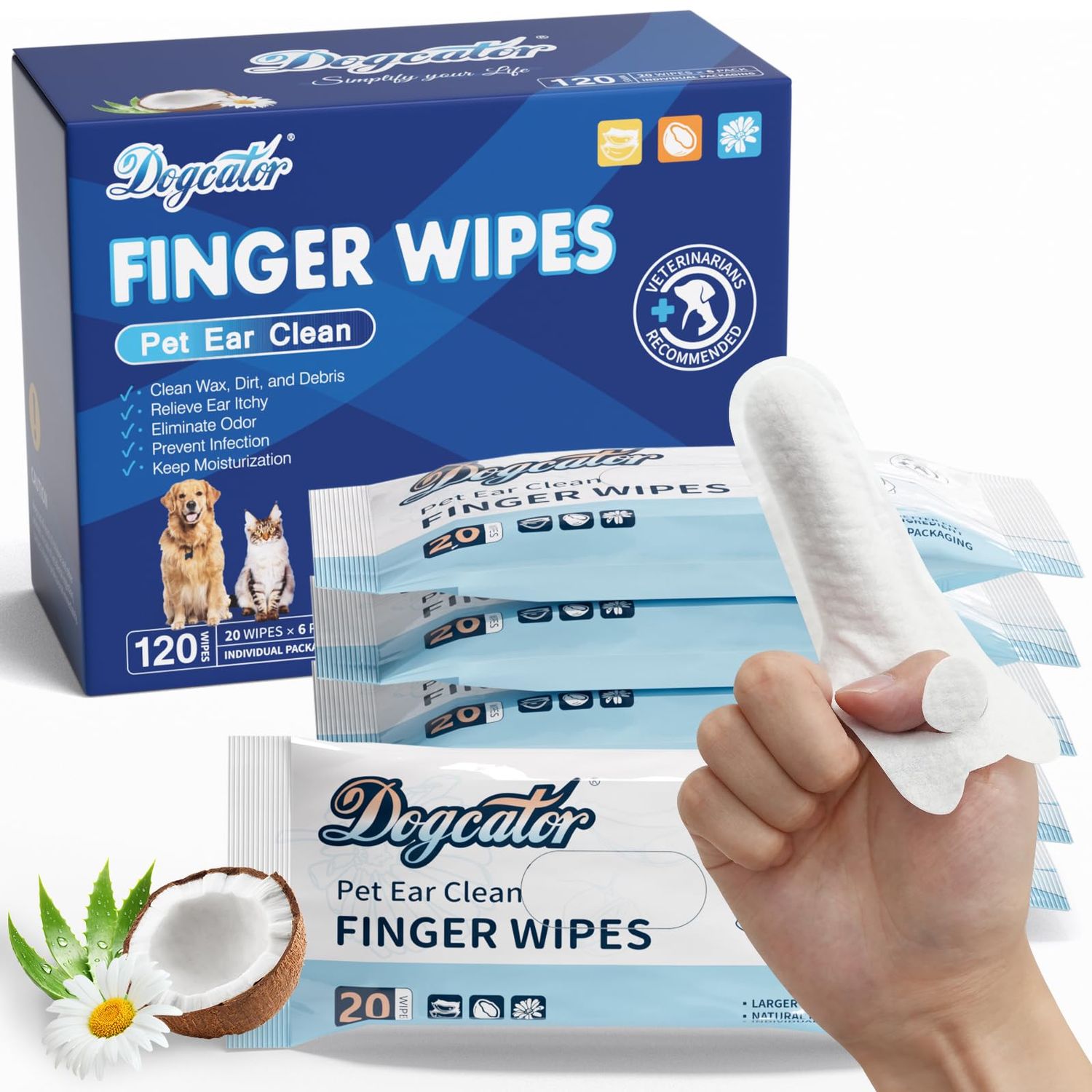 Dogcator Dog Finger Wipes, 120 Count Dog Ear Cleaner Bathing Wipes for Cats, Pet Cleaning Wipes for Natural Puppy Wipes | Soothes Itchy Dry Skin, Fresh Coconut Scent Dog Ear Infection Treatment