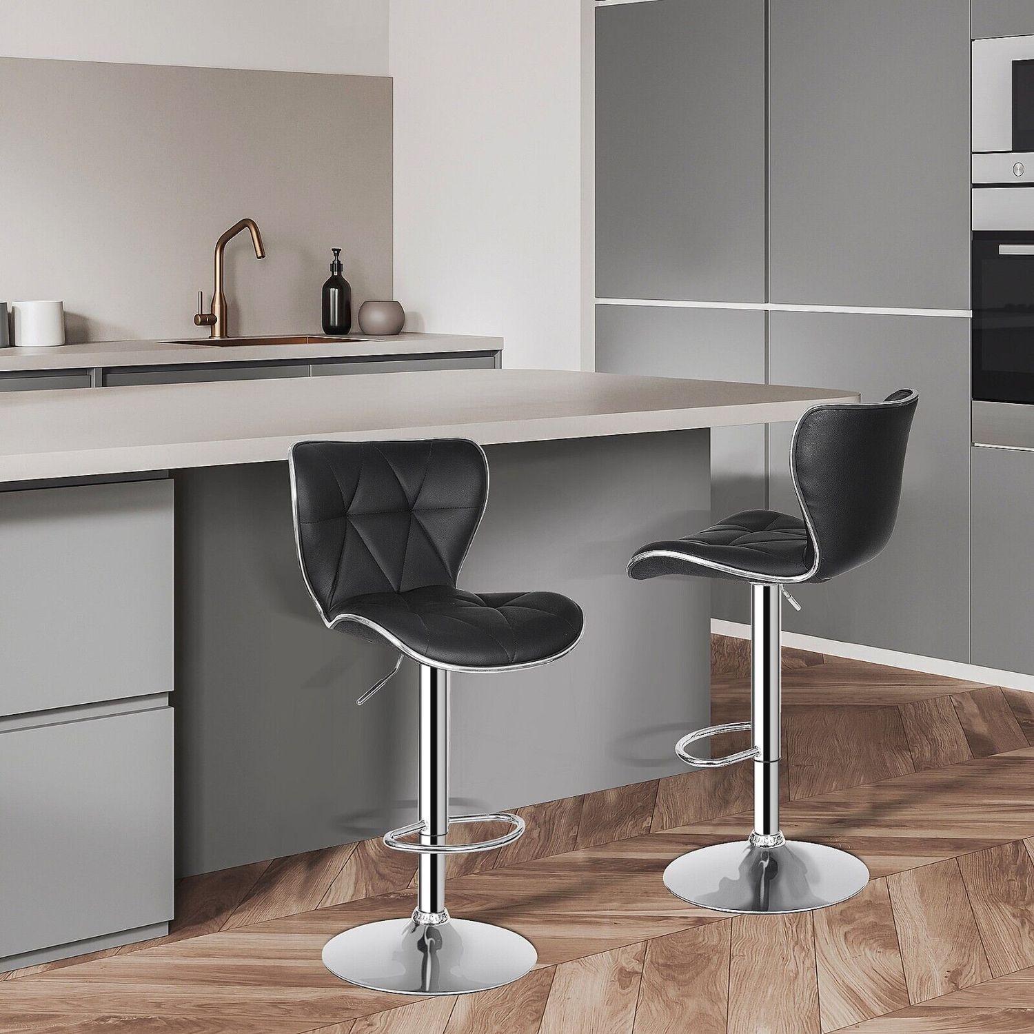 Set of 4 Black Bar Stools w/Shell Back PU Leather Back Adjustable Swivel Stools