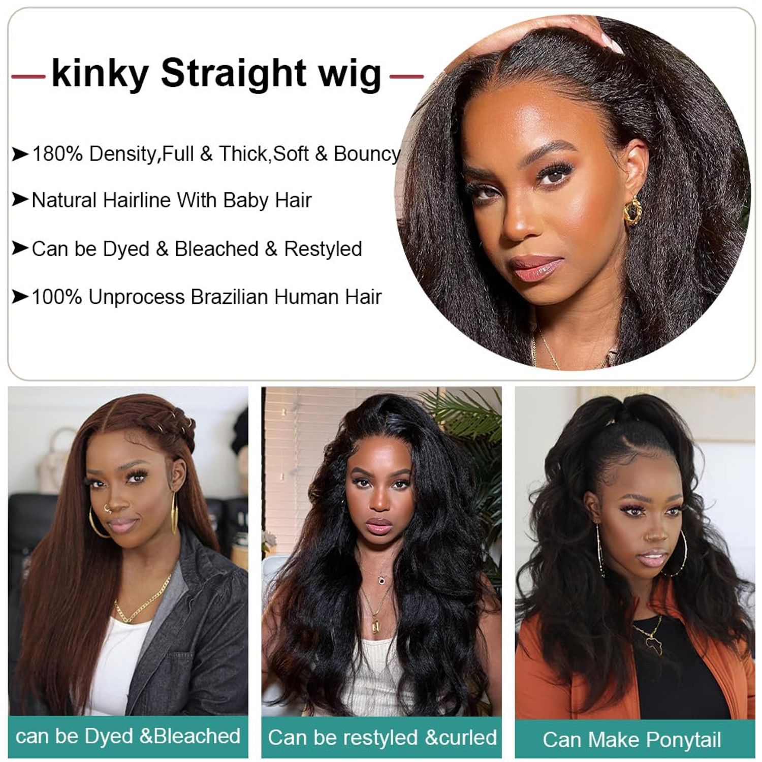 veravicky Kinky Straight Lace Front Wigs Human Hair 180% Density 13x4 Glueless Wigs for Women 18 inch Yaki Straight Wigs Pre Plucked with Baby Hair Natural Color