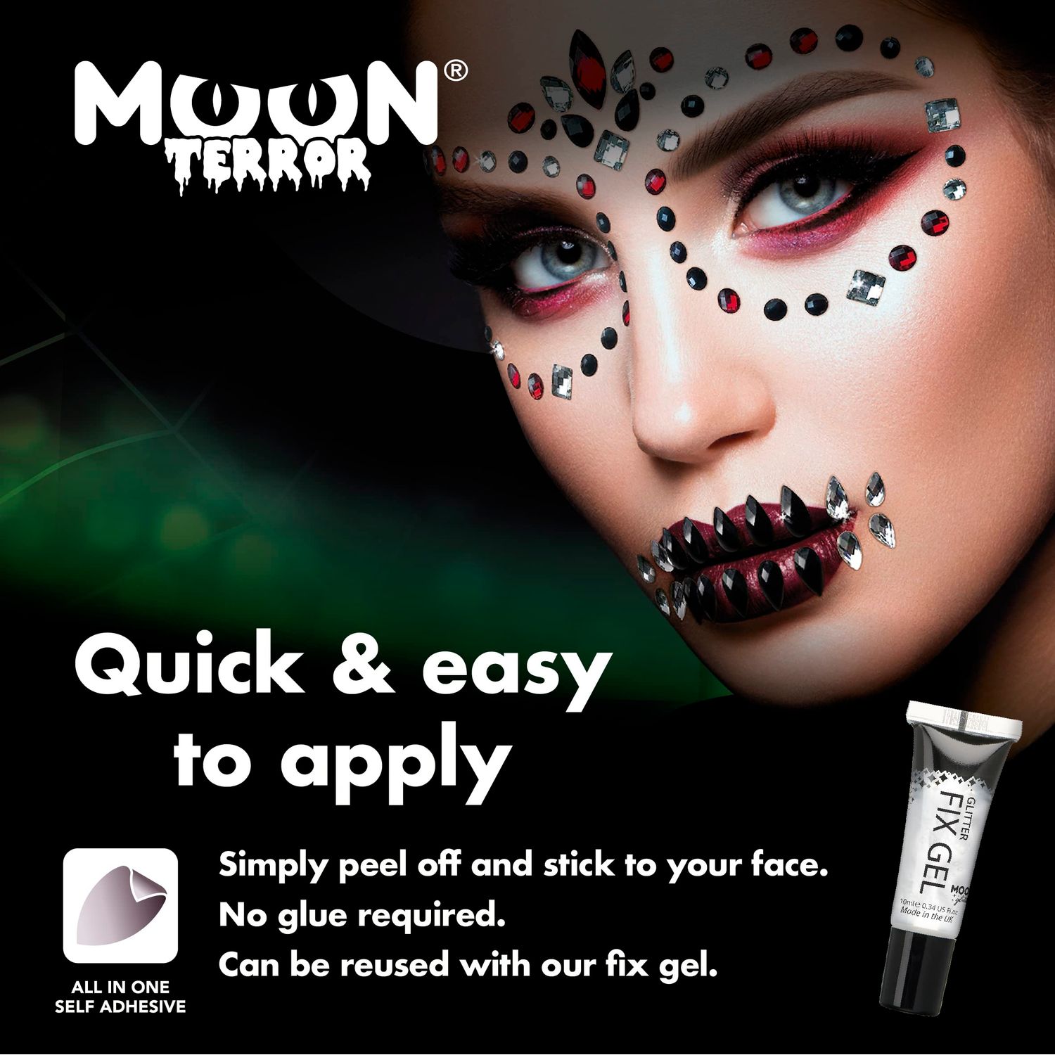 Face Jewels by Moon Terror - Festival Face Body Gems, SFX Make up, Crystal Make up Eye Glitter Stickers, Temporary Tattoo Jewels, Special Effects Make up (Freak Show)