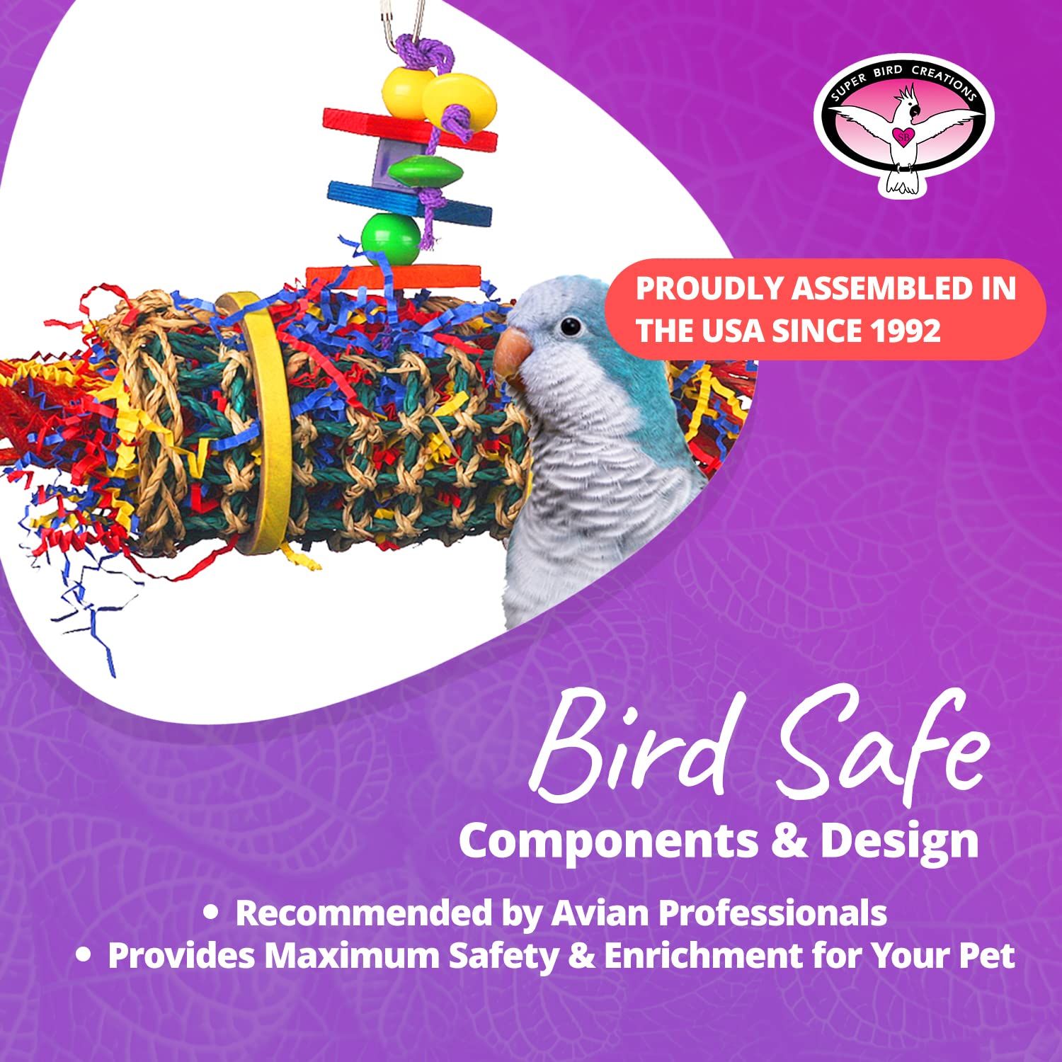 Super Bird Creations SB687 Firecracker Jr. Bird Toy - Foraging Chewing Swinging Toy for Parrots, Conures, Quakers, Pionus, Senegals - Natural Paper Shred Palm Leaves - Medium Birds, Size: 18" x 8"