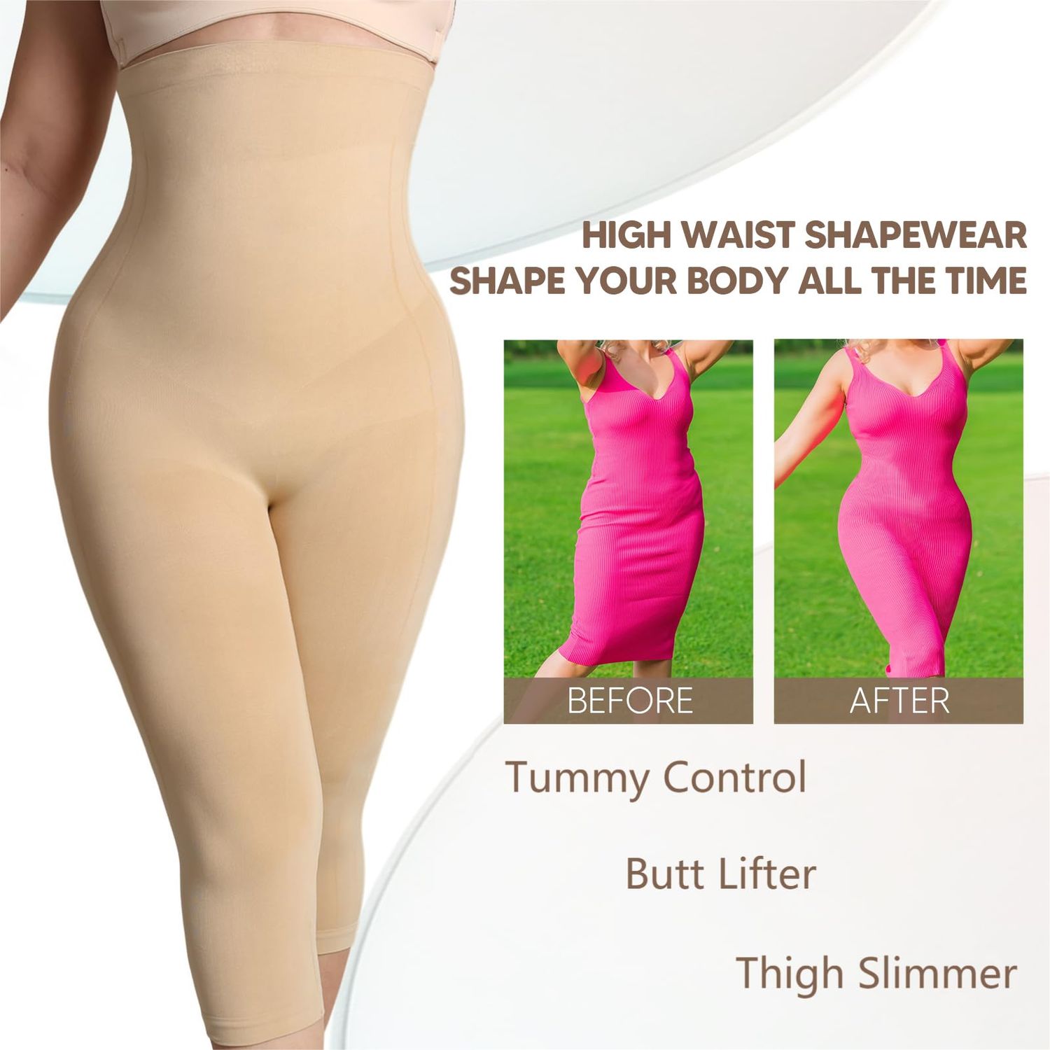 Takusun Shapewear Leggings for Women Tummy Control High Waisted Capri Body Shaper Butt Lift Thigh Slimmer Nude
