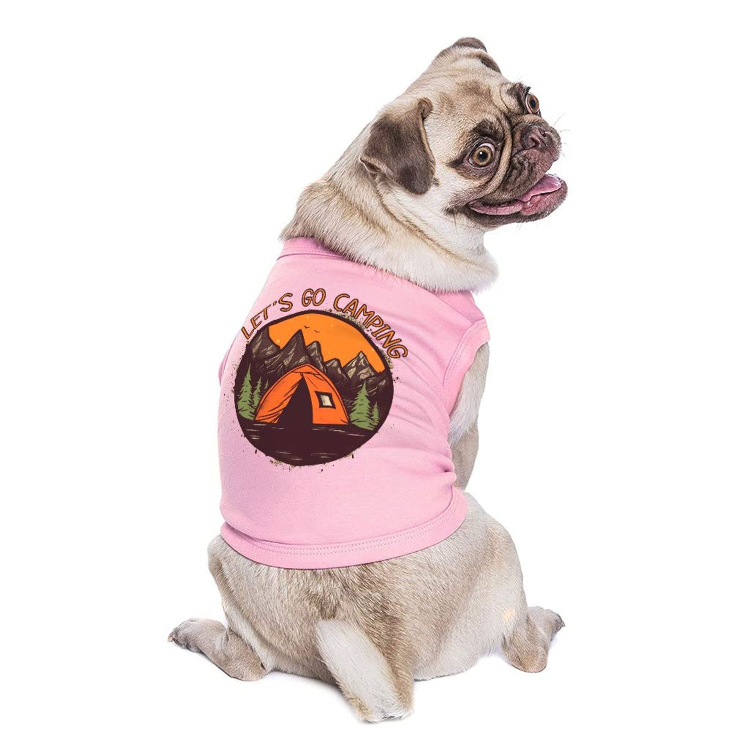 Let's Go Camping Dog Sleeveless Shirt - Tent Dog Shirt - Camping Dog Clothing - Pink, XL