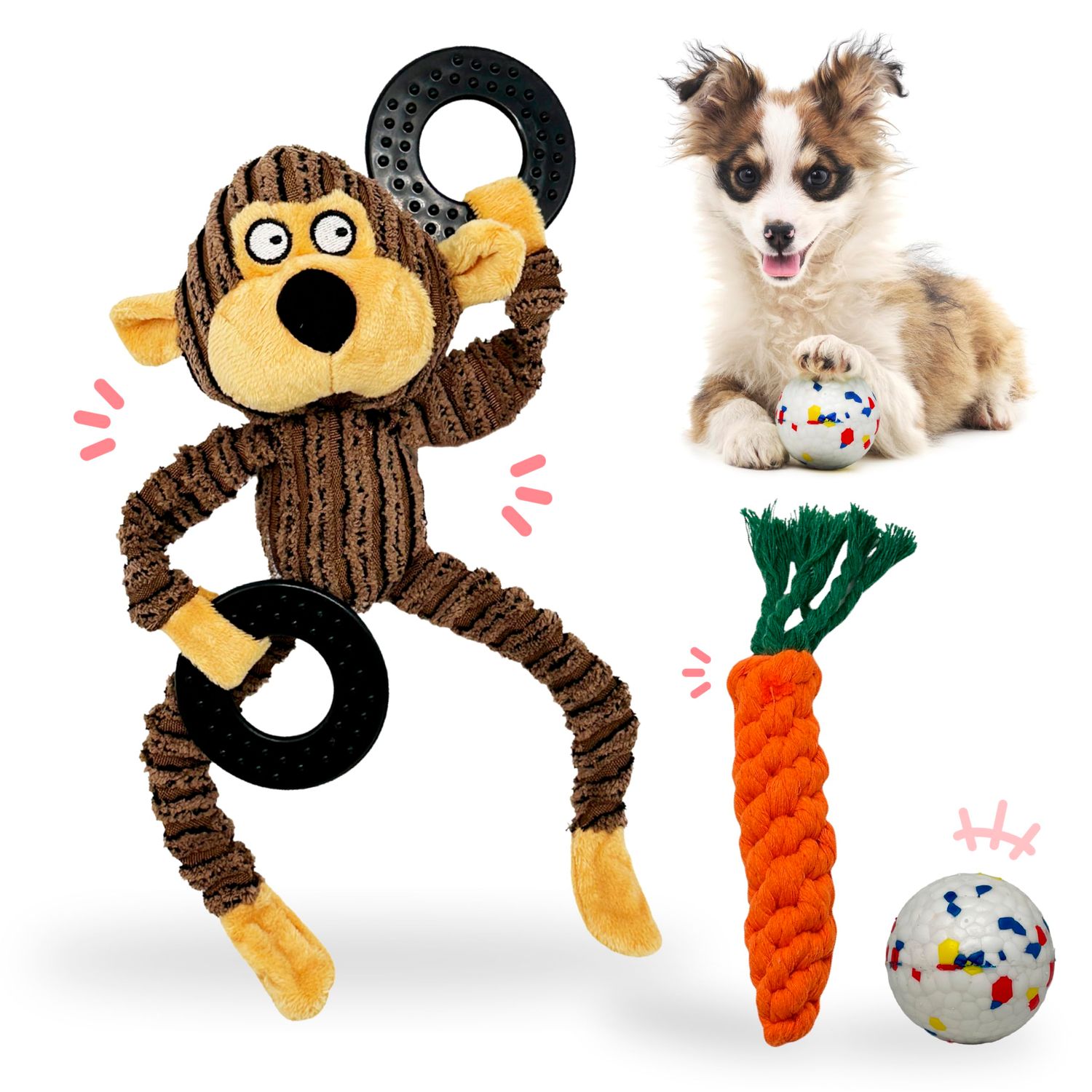 TrainTail Dog Toys Set for Small Medium Dogs, Cute Plush Toys with Rope Carrot Monkey Ball for Puppy Teething Chewing Play