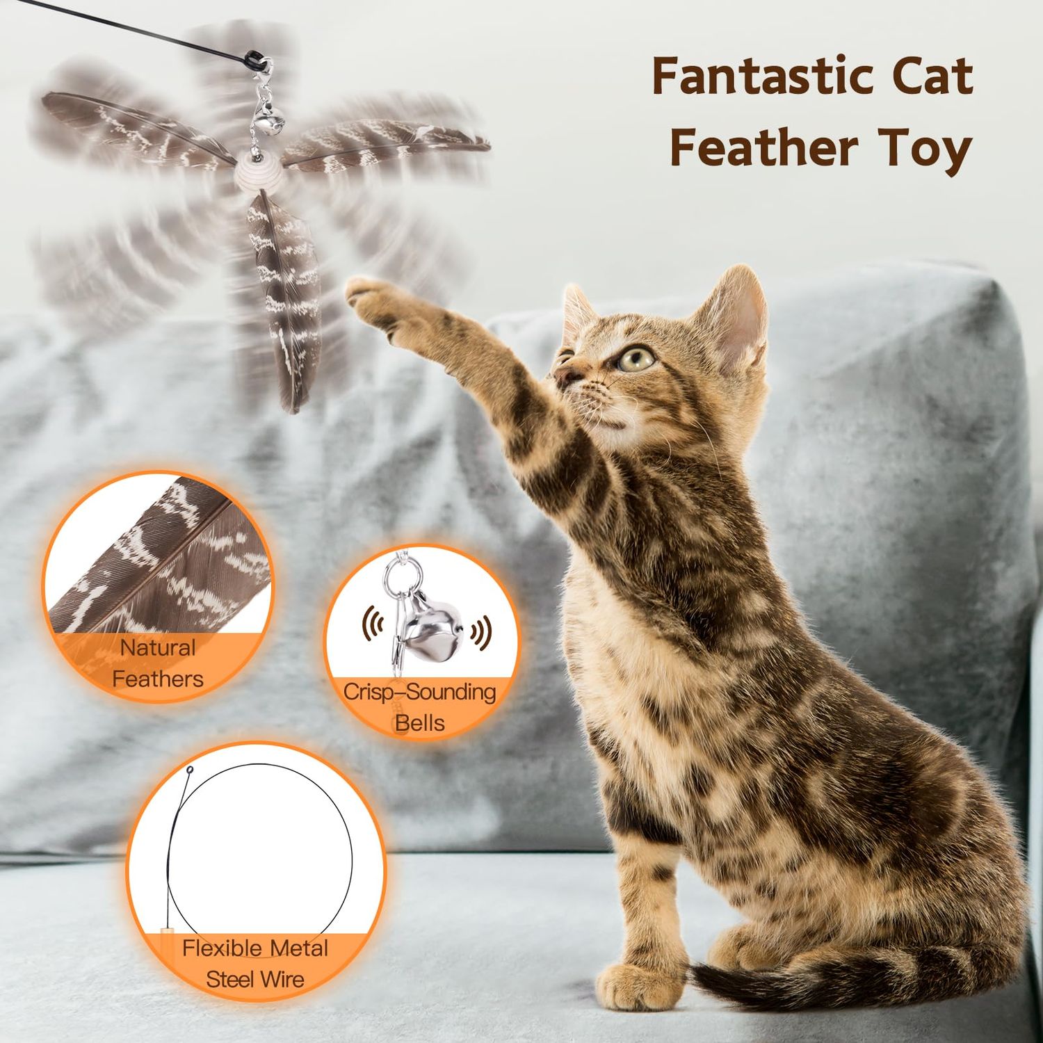 HOSFROLL Cat Toys Interactive for Indoor Cats, Cat Wand Toys with 3 Feather Refills, Sturdy Wood Handle with Flexible Steel Wire for Kitten, Feather Toys Refills for Bored Indoor Adult Cats