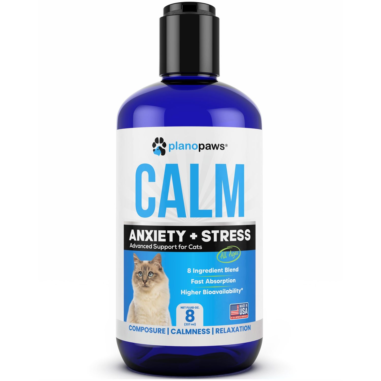 Cat Anxiety Relief 90 Day Supply - Faster Absorption Than Cat Calming Treats - Cat Calming Products for All Ages - Liquid Calming Cat Treats for Sleep Aid - 8 Ingredient Blend + Cat Melatonin