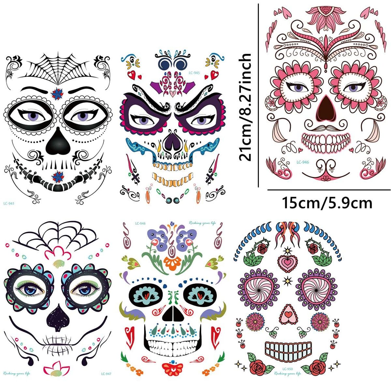 2024 Halloween Temporary Face Tattoo Sticker, Day of The Dead Full Face Makeup for Party Costume Sugar Skull Floral Skeleton Web Red Roses Tattoos(Style A)