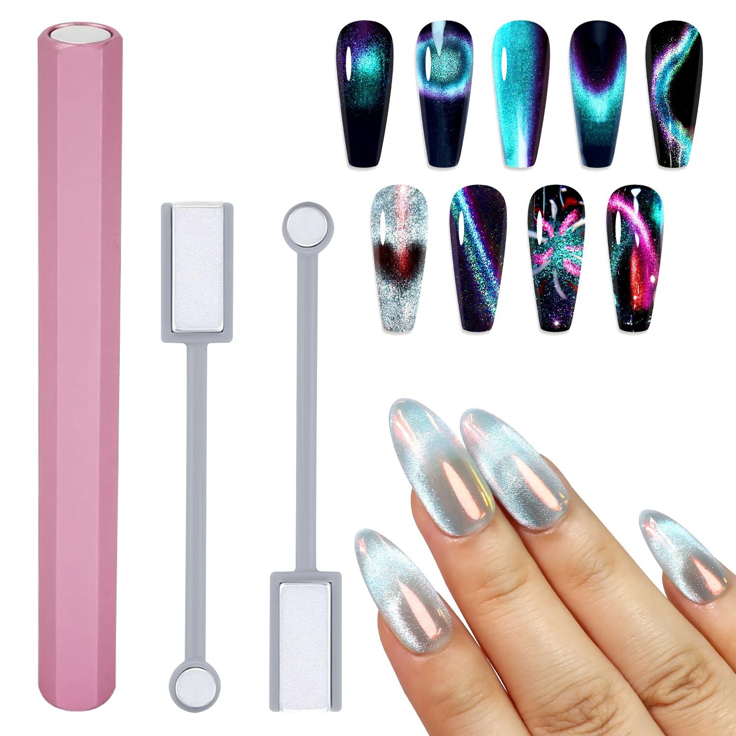 Allstarry 3pcs Nail Magnet Tool Set, Double-head Strong Nail Magnet Stick Hexagon Magic Magnet Wand for 9D Strip Galaxy Magnetic Cat Eye Gel Nail Polish Nail Art Manicure Design Salon Home DIY