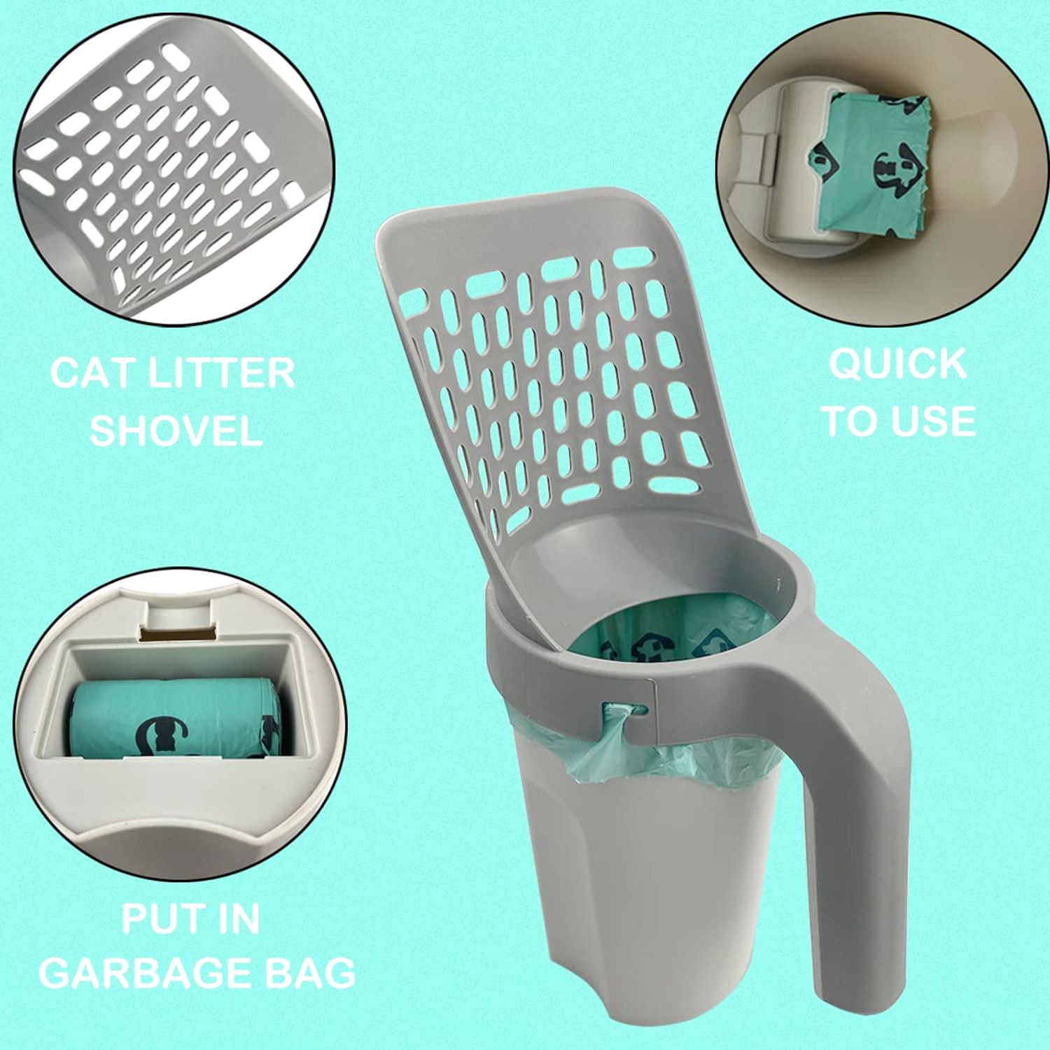 Esamploe Cat Litter Scooper with Trash Container,Portable Litter Scoop Holder,Litter Scoop with Holder Provides 215 Garbage Bags,Scoop & Litter Disposal System In One