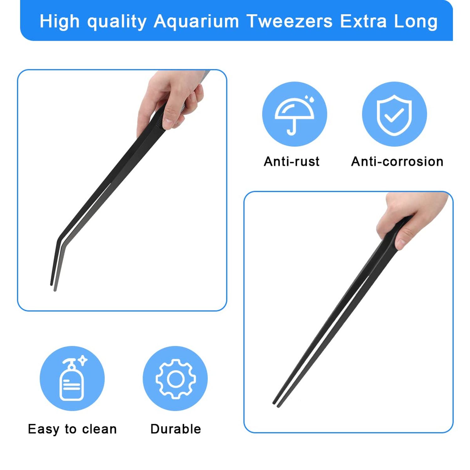 Aquarium Tweezers Extra Long 15 inches, Luxiv Stainless Steel Straight and Curved Tweezers 38cm Extra Long Tweezers for Fish Tank Plant Aquascape Tools, Feeding Tongs (15 inches, Black)