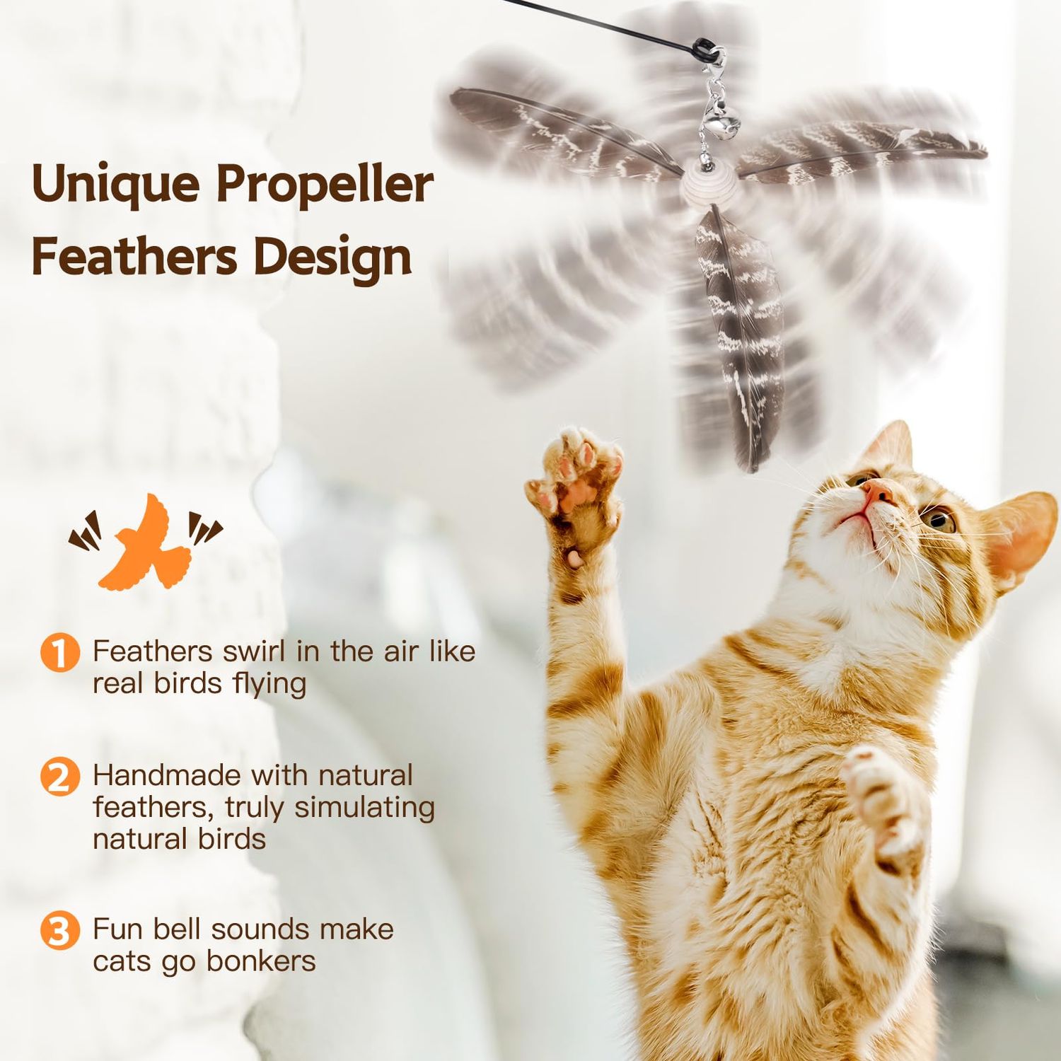 HOSFROLL Cat Toys Interactive for Indoor Cats, Cat Wand Toys with 3 Feather Refills, Sturdy Wood Handle with Flexible Steel Wire for Kitten, Feather Toys Refills for Bored Indoor Adult Cats