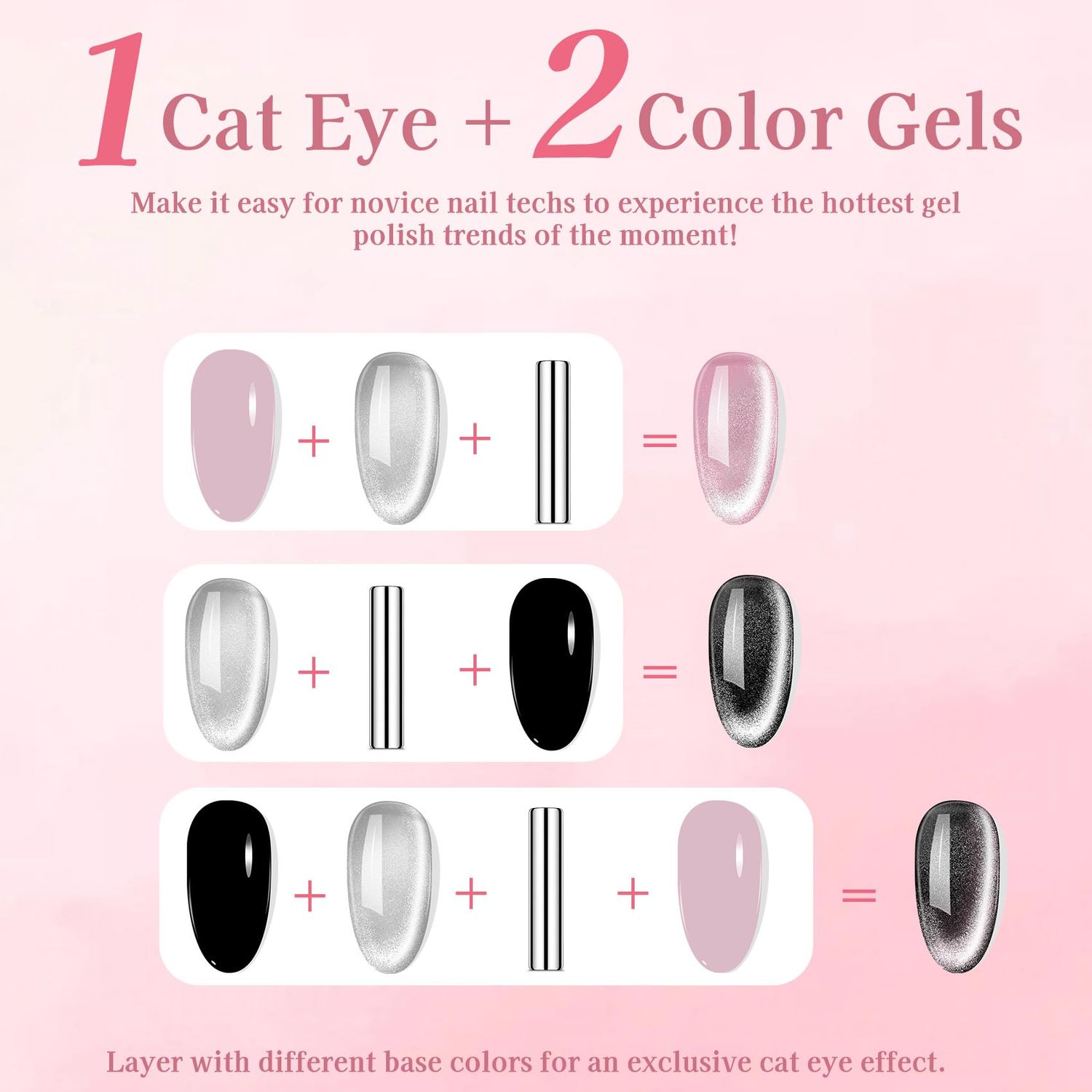 Creaglam Cat Eye Gel Nail Polish Set, 3 Pcs Gel Polish 1 Silver Shimmer Velvet Gel Nail Polish and 2 Colors Gel Polish (Pink and Black) Holographic Nail Polish with Magnet UV Gel Nail Art