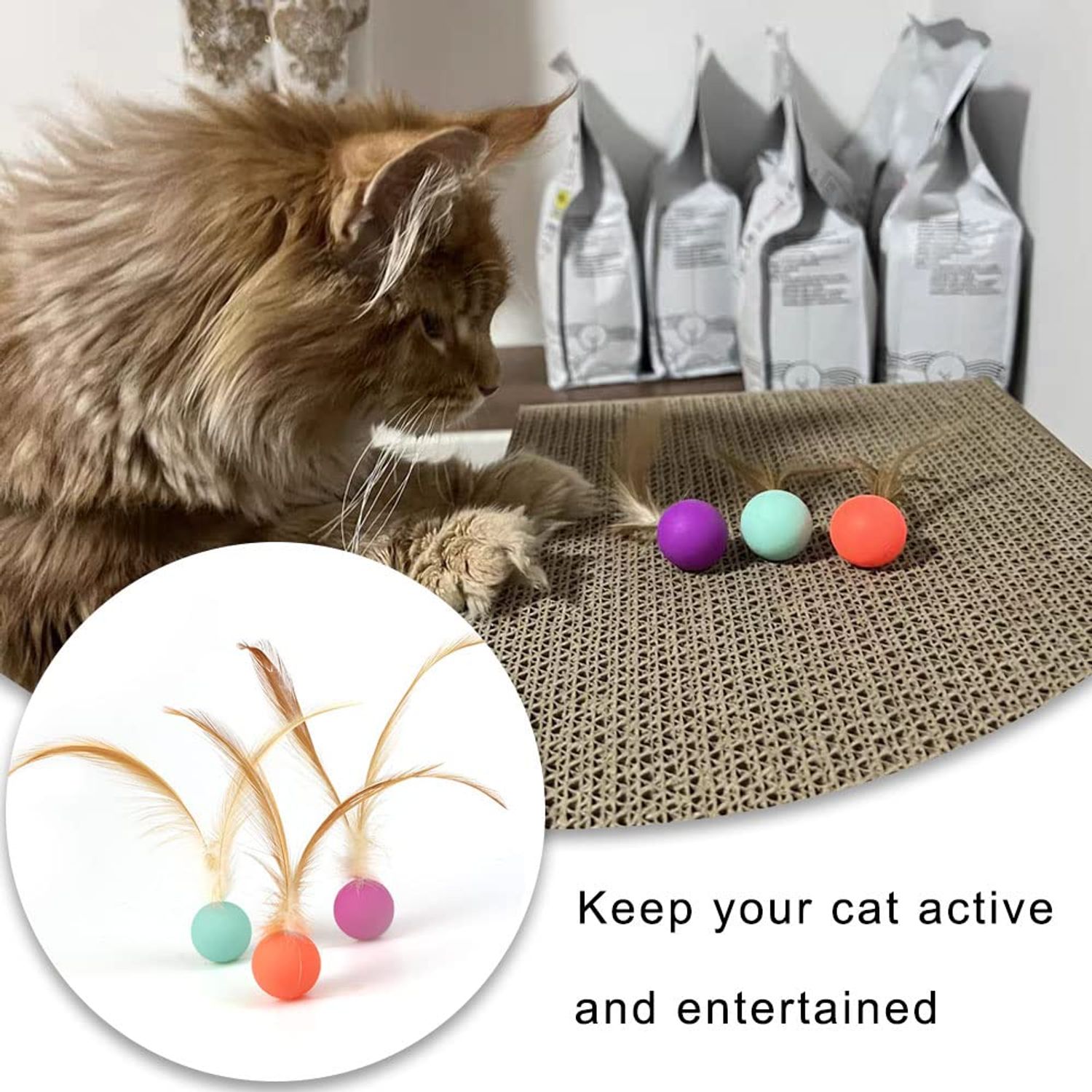 YANCAIYUNL 3 Pcs Cat Toy Balls Bite Resistant Cat Toys Bouncy Balls with Feathers High Rebound Pet Interactive Kitten Toys for Cats Indoor and Outdoor Play Interaction