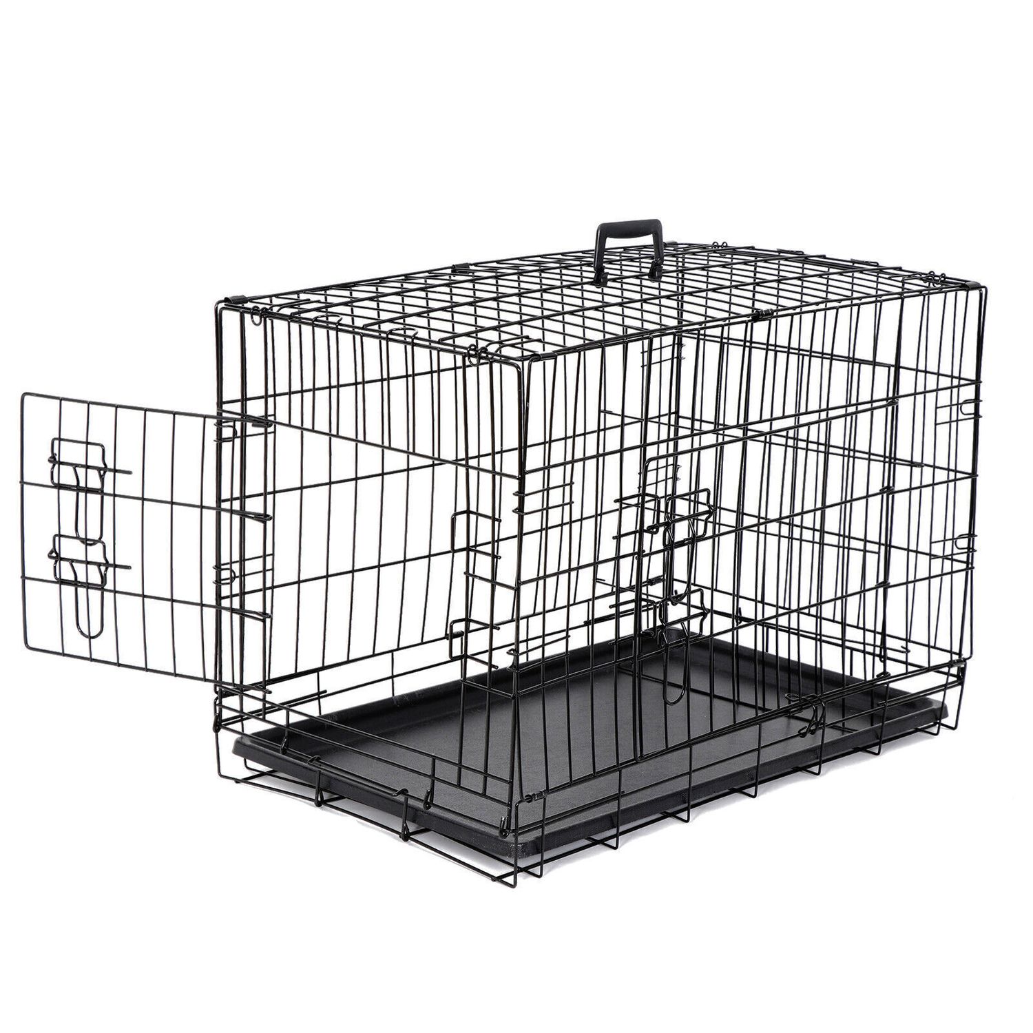 30" Durable Dog Crate Kennel 2 Door Folding Metal Pet Cat Cage with Tray Black