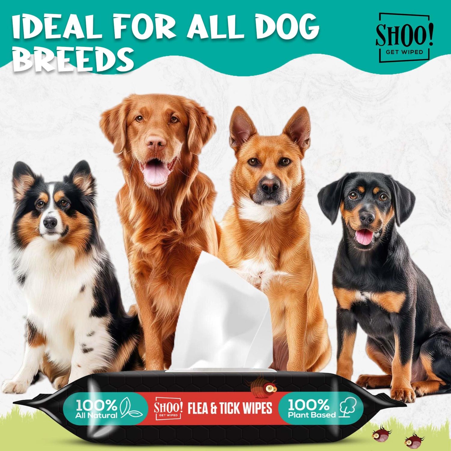 Shoo! Flea & Tick Wipes | Convenient, Easy On-The-Go Protection | Plant Based, Natural Oils, Chemical Free | Repels & Prevents | 50 XL Wipes (2 Pack) | Original -Lavender