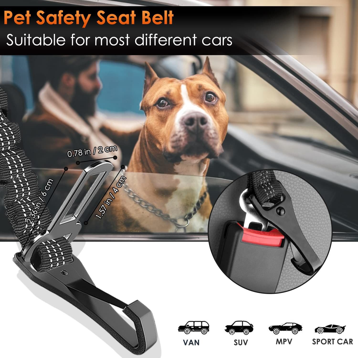 SlowTon Dog Seat Belt, Adjustable Dog Safety Belt Leash, 2 in 1 Latch Bar Attachment Dog Car Seatbelt with Elastic Nylon Bungee Buffer, Reflective Nylon Belt Tether Connect to Dog Harness(BL,35.5in)