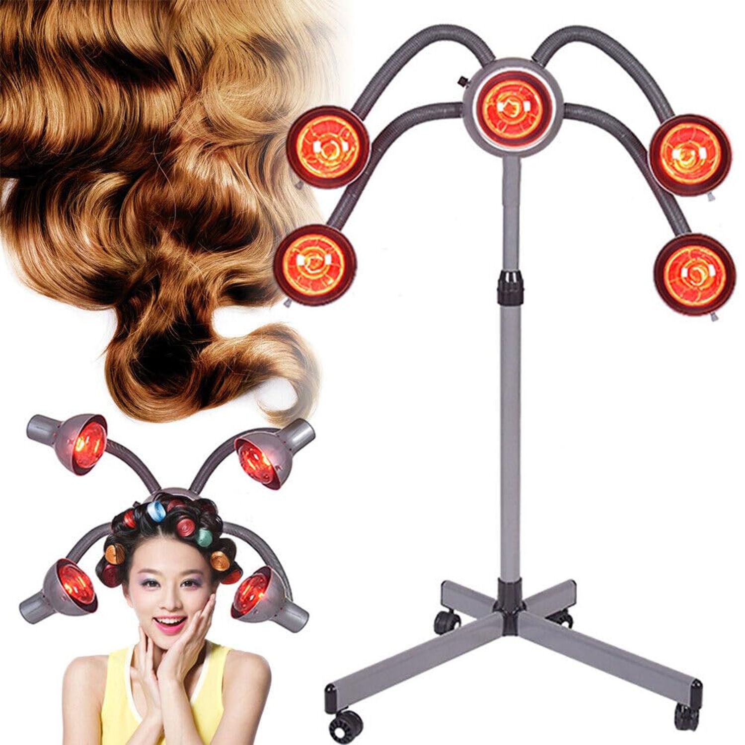 RustyVioum 5 Head Infrared Heat Lamp, 110V 750W Professional Hair Steamer Rolling Infrared Beauty Color Processor with Rolling Base, Hair Salon Barber Equipment Infrared Heating Lamp