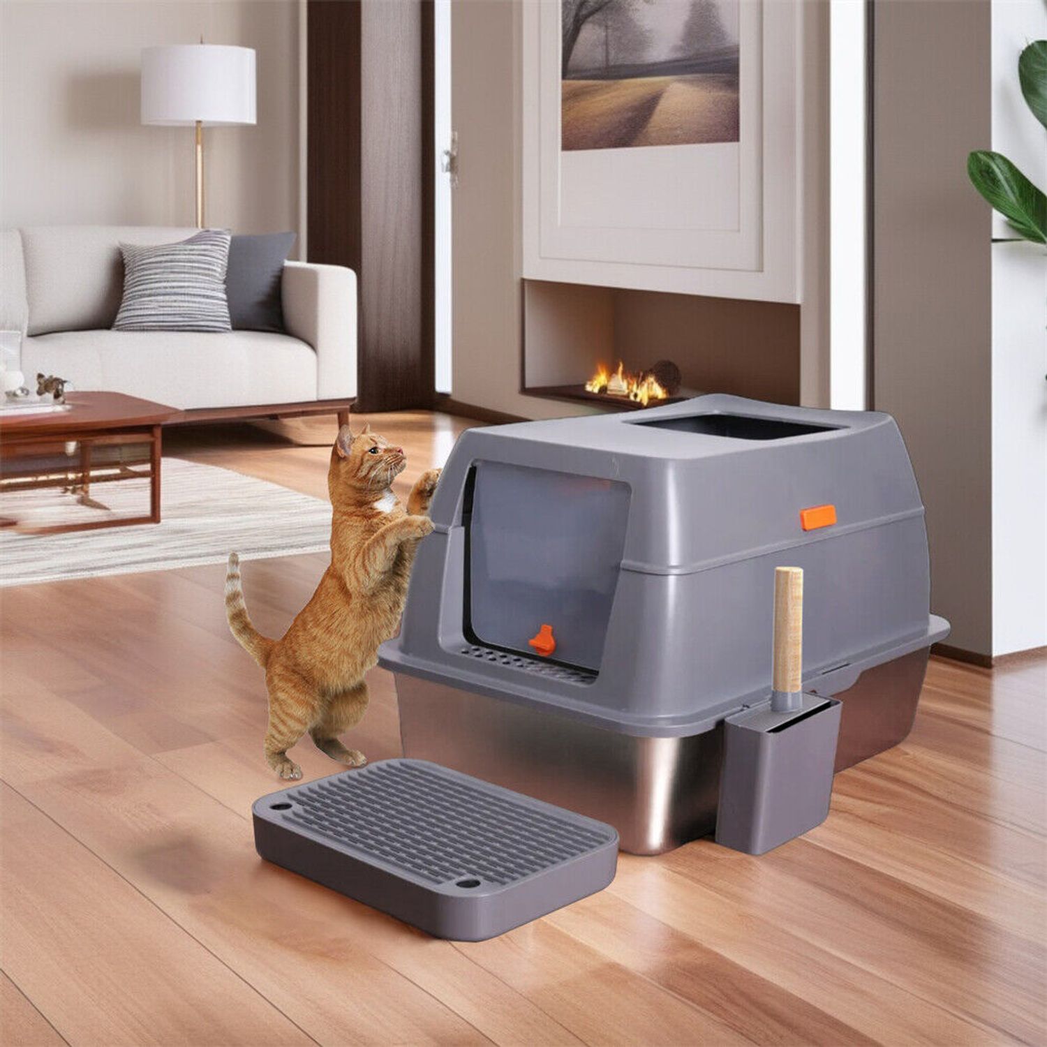 Large Stainless Steel Cat Litter Box Enclosed Cat Litter Tray w Sand Filter Peda