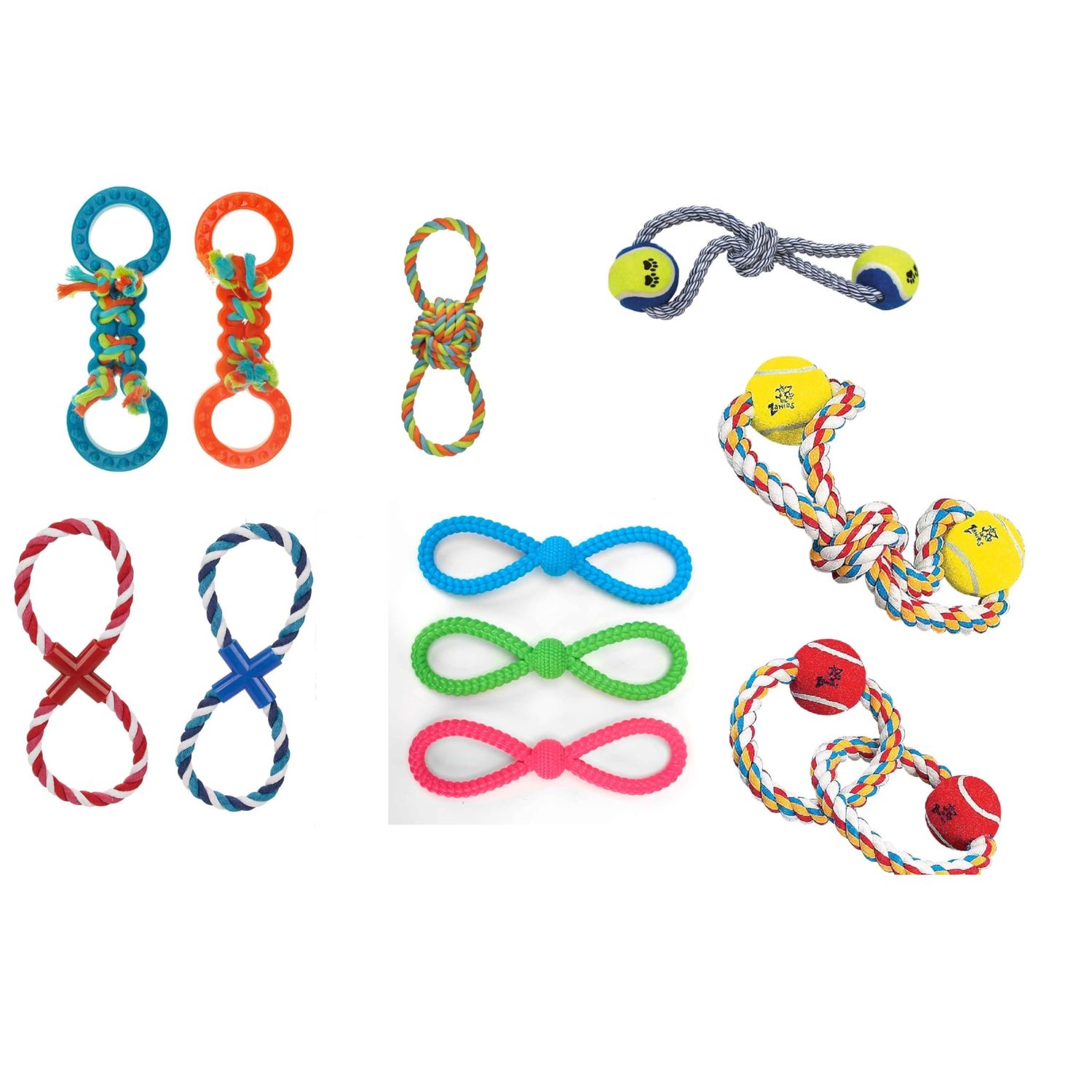 Figure 8 Dog Toys Fun and Colorful Choices Tug Toss Fetch Play Ropes and Loops (Multi Color Tugger 2 Balls)