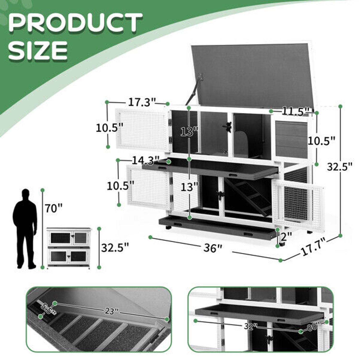 Indoor Outdoor 2 Story Solid Wood Rabbit Hutch Guinea Pig Cage Pet House Grey