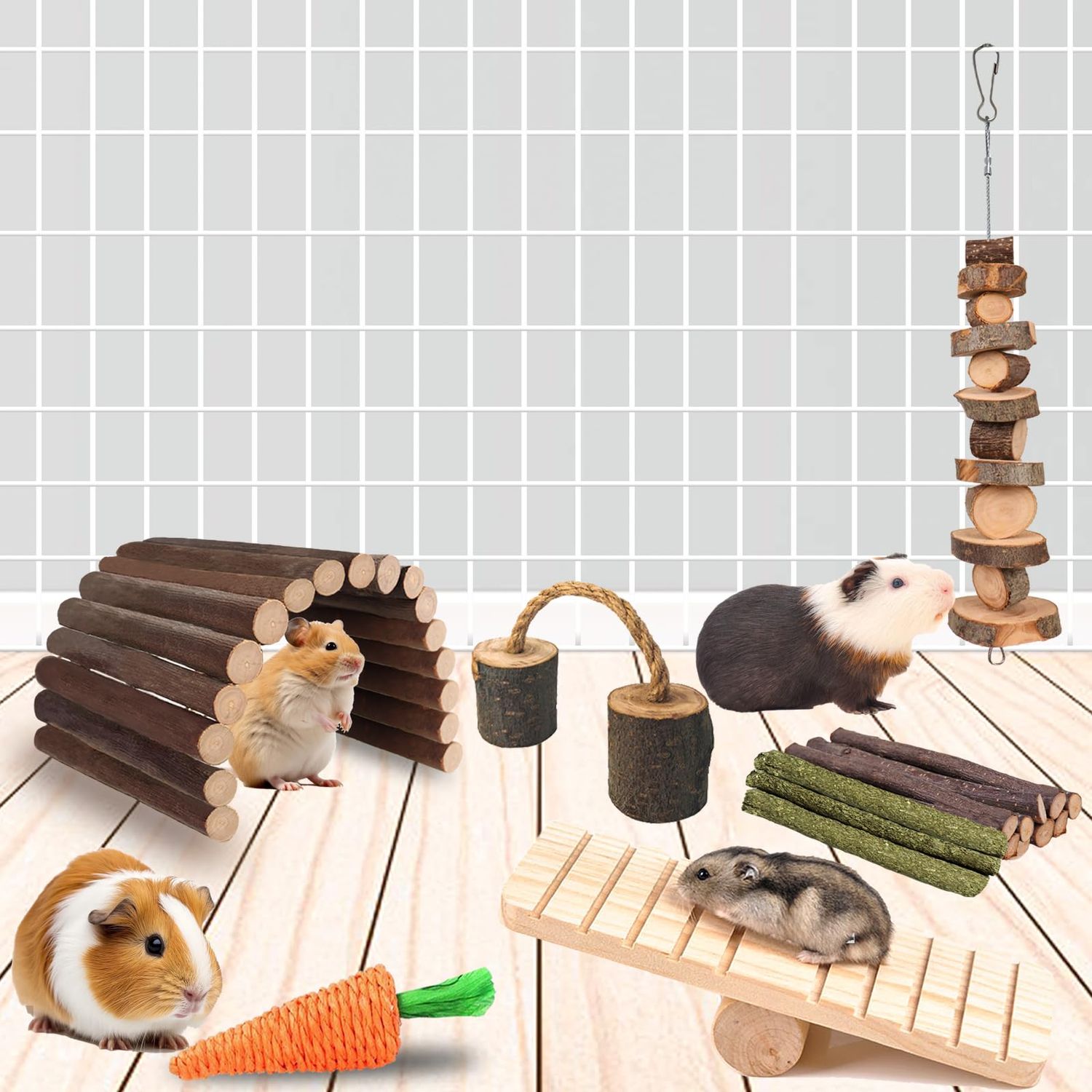 Grddaef Hamster Toys, Rabbit Chew Toys Guinea Pig Enrichment Toys Cage Accessories for Chinchilla Gerbils Rats Bunny Squirrels