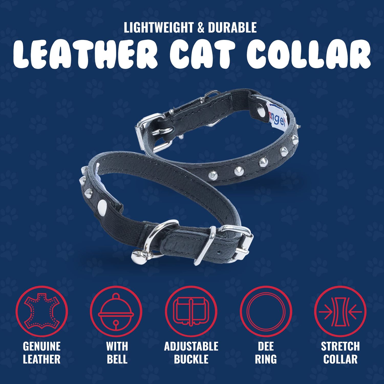 Studded Cat Collar, Genuine Leather Kitten Collar, Sturdy Breakaway Cat Collar, Water-Resistant Cat Collar with Bell & Elastic Stretch, Midnight Black, 10 x 1/2 inches - Angel Pet Supplies
