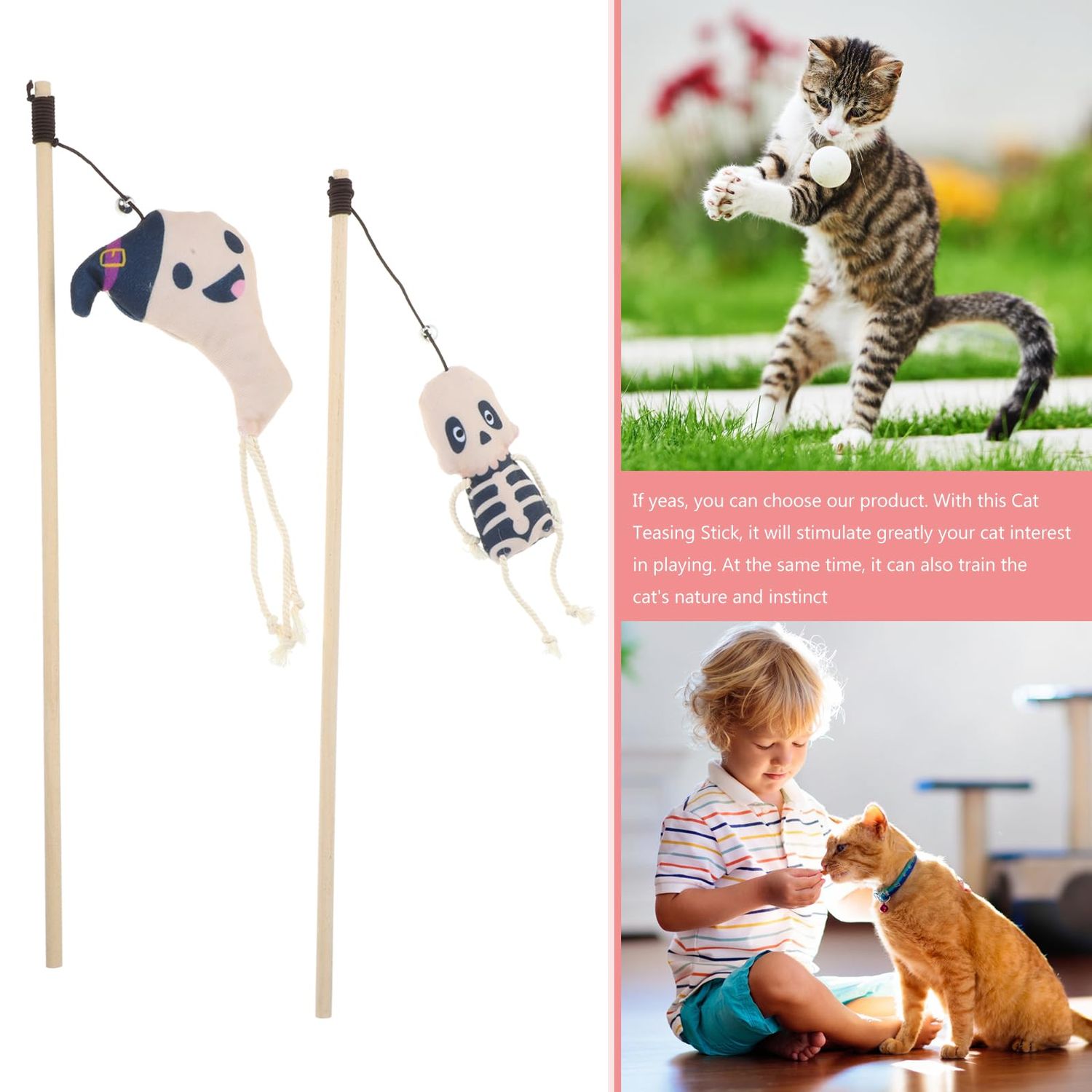 LUOZZY 2PCS Cat Tease Sticks Halloween Kitten Teasing Toys with Skull and Ghost Plush Cat Teaser Wands Interactive Cat Biting Plaything for Indoor Cat Kitten