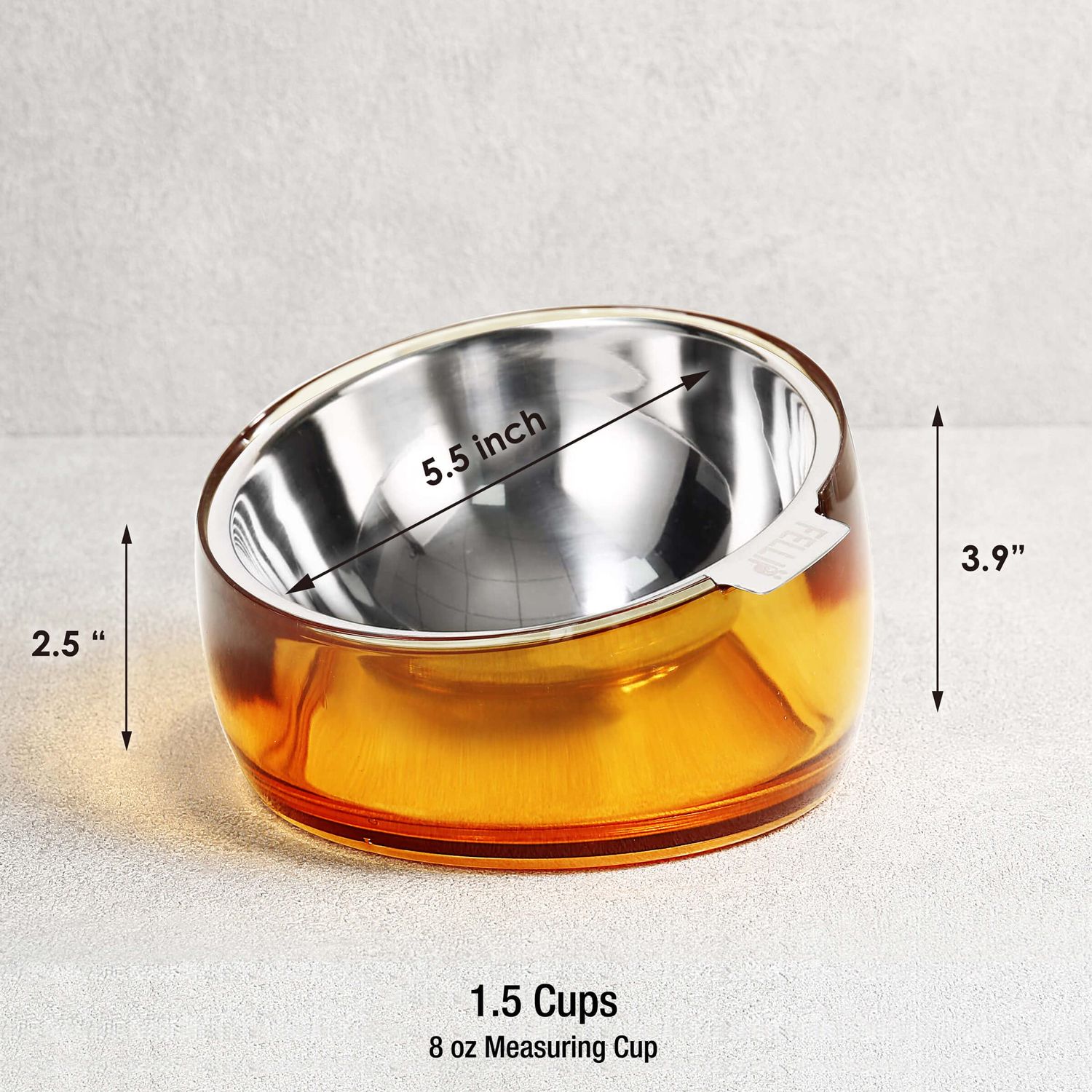 Felli Pet Oblik Acrylic Raised Dog Food Water Bowl Stainless Steel Slanted Oval Dish for Short Leg Puppy & Small Medium Pet, Elevated Tilted Metal Feeder Angled Plastic Spill Proof (1.5Cups, Gold)