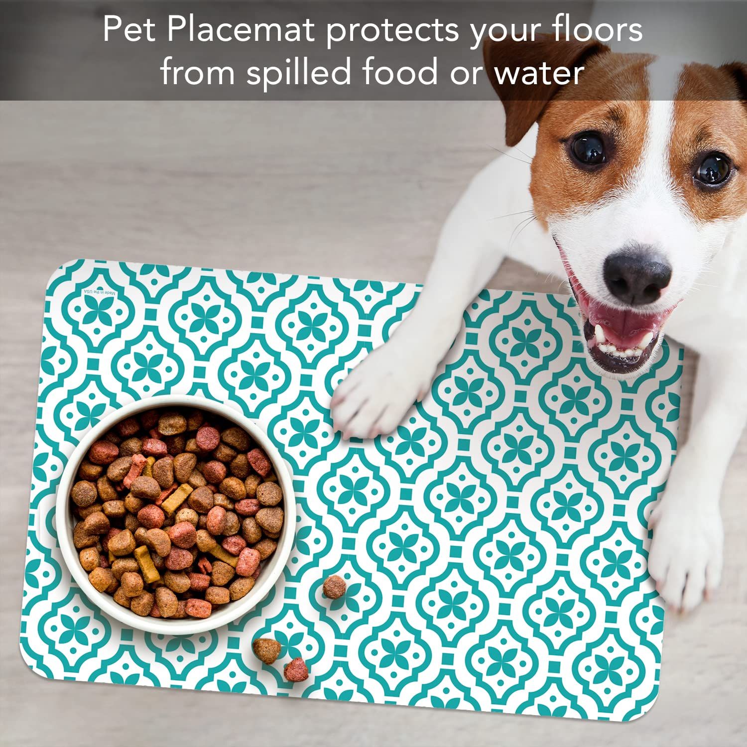 CounterArt Fleur Easy Care Waterproof Pet Placemat 17.13” x 11.25” Made in The USA of BPA Free Plastic, Safe for Pets, Protects Floors from Cat & Dog Bowls