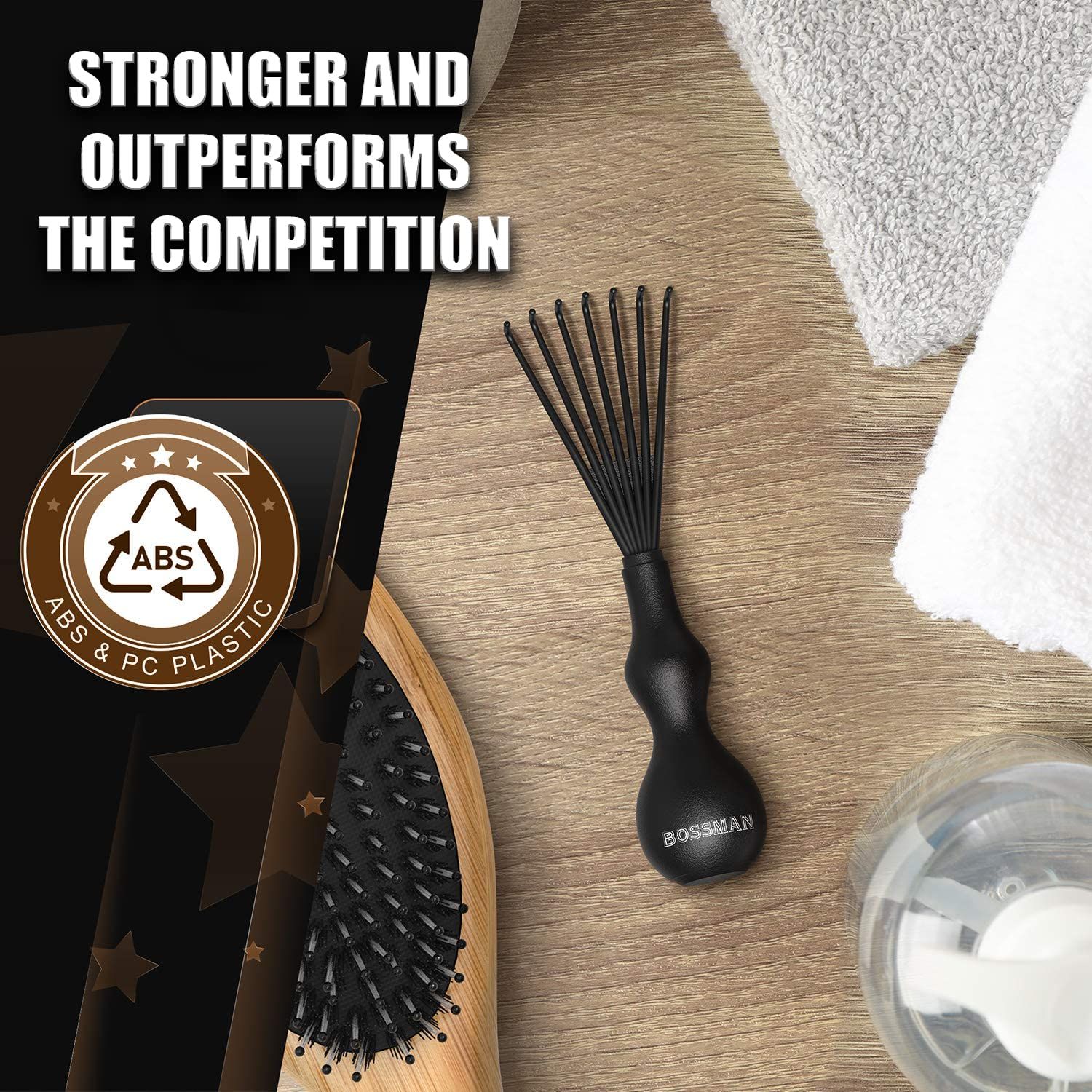 Bossman THE CLAW Round Hair Brush Cleaner Tool 3 Inch - Cleans Boar Bristle, Wave or Plastic Brushes and Combs - Black Hairbrush Cleaning Rake - Cat Brush & Dog Brush Cleaner