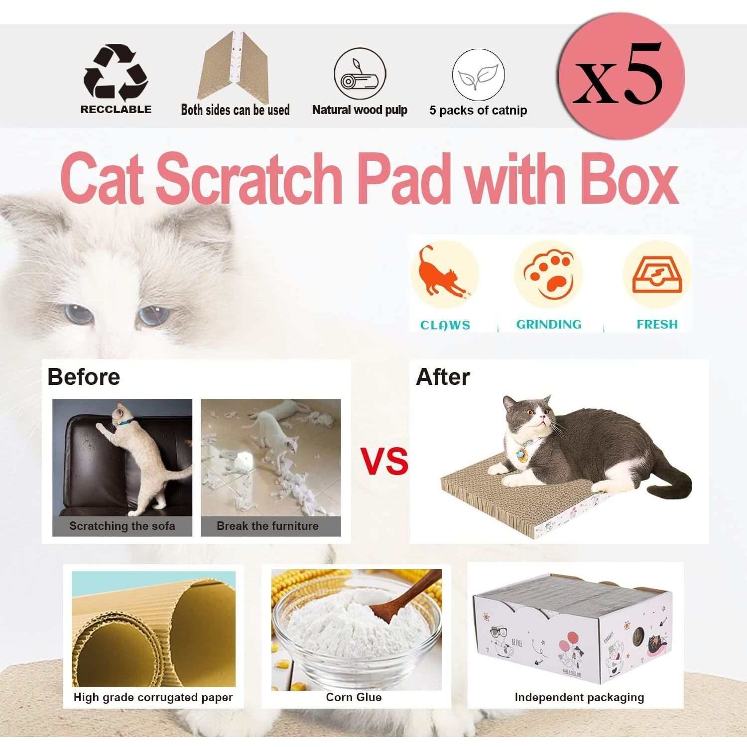 5 Packs in 1 Cat Scratch Pad with Box Cat Scratcher Recyclable Cardboard NEW