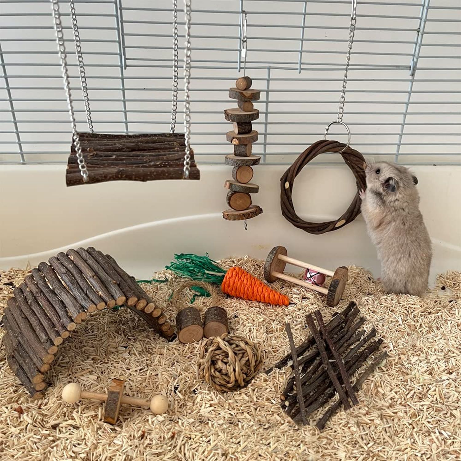 Syhemtya Chinchilla Toys Hamster Chew Toys Guinea Pig Toys Rat Toys Hamster Cage Accessories Small Animal Teeth Care Apple Wooden Accessories Set,Ball Ladder Bridge Swing Roller for Playground