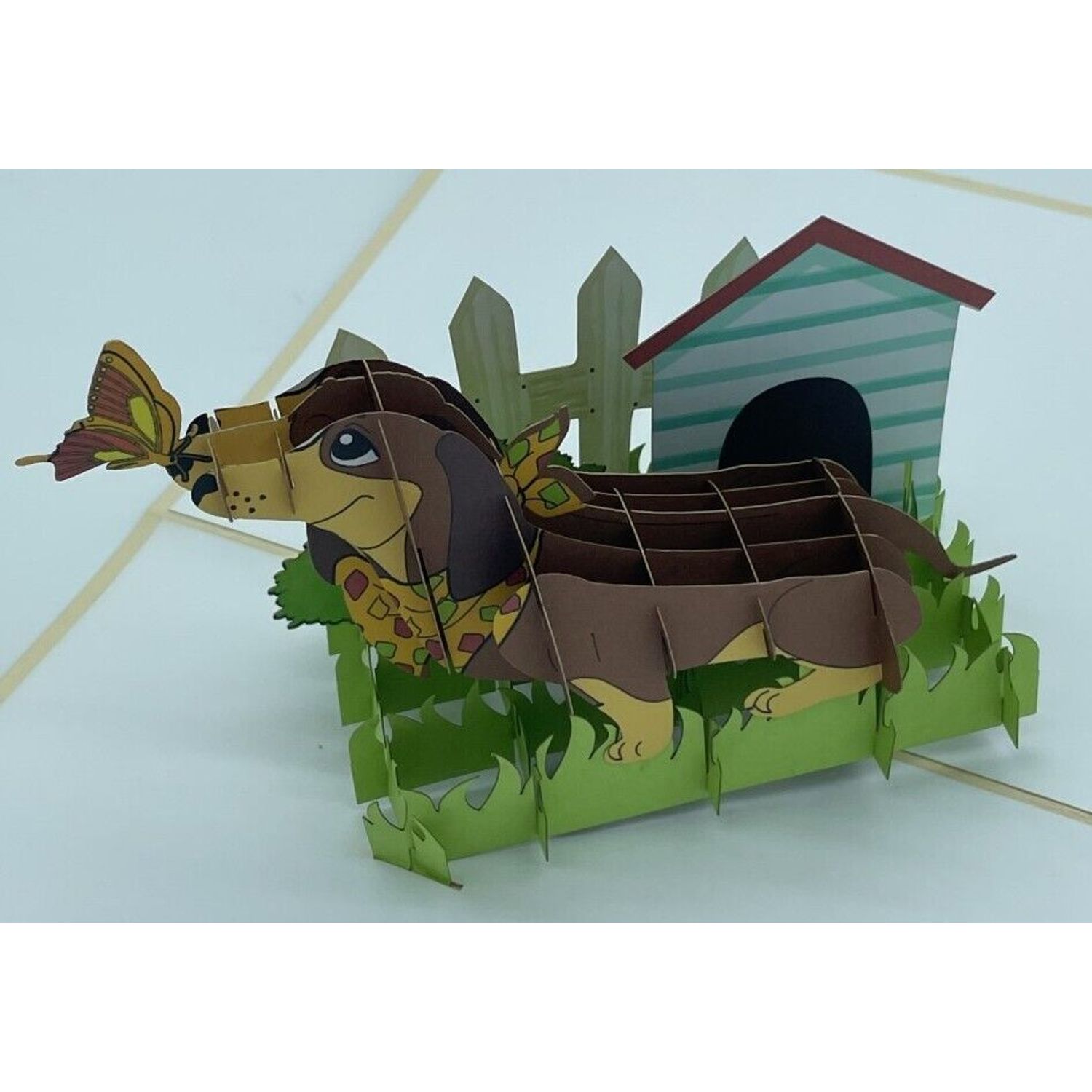 Dachshund Dog 3D Pop Up Card Dog House Butterfly grass breeder Puppy Best Friend