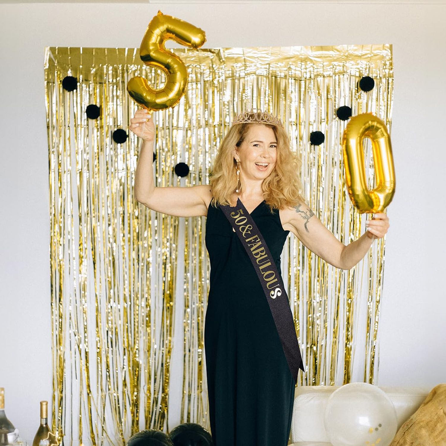 Black Gold "50 & Fabulous"Sash & Rhinestone Tiara Set, 50th Birthday Gifts for Women, Birthday Sash/Tiara for Women's 50th Birthday Party Decoration (Black 50th)