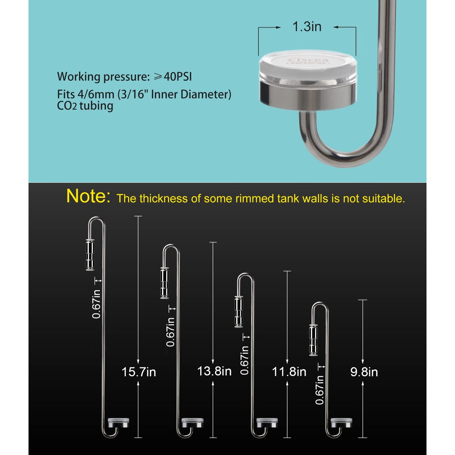 Clscea Aquarium Stainless Steel CO2 Diffuser Atomizer with Integrated Check Valve for Rimless Tanks 40cm