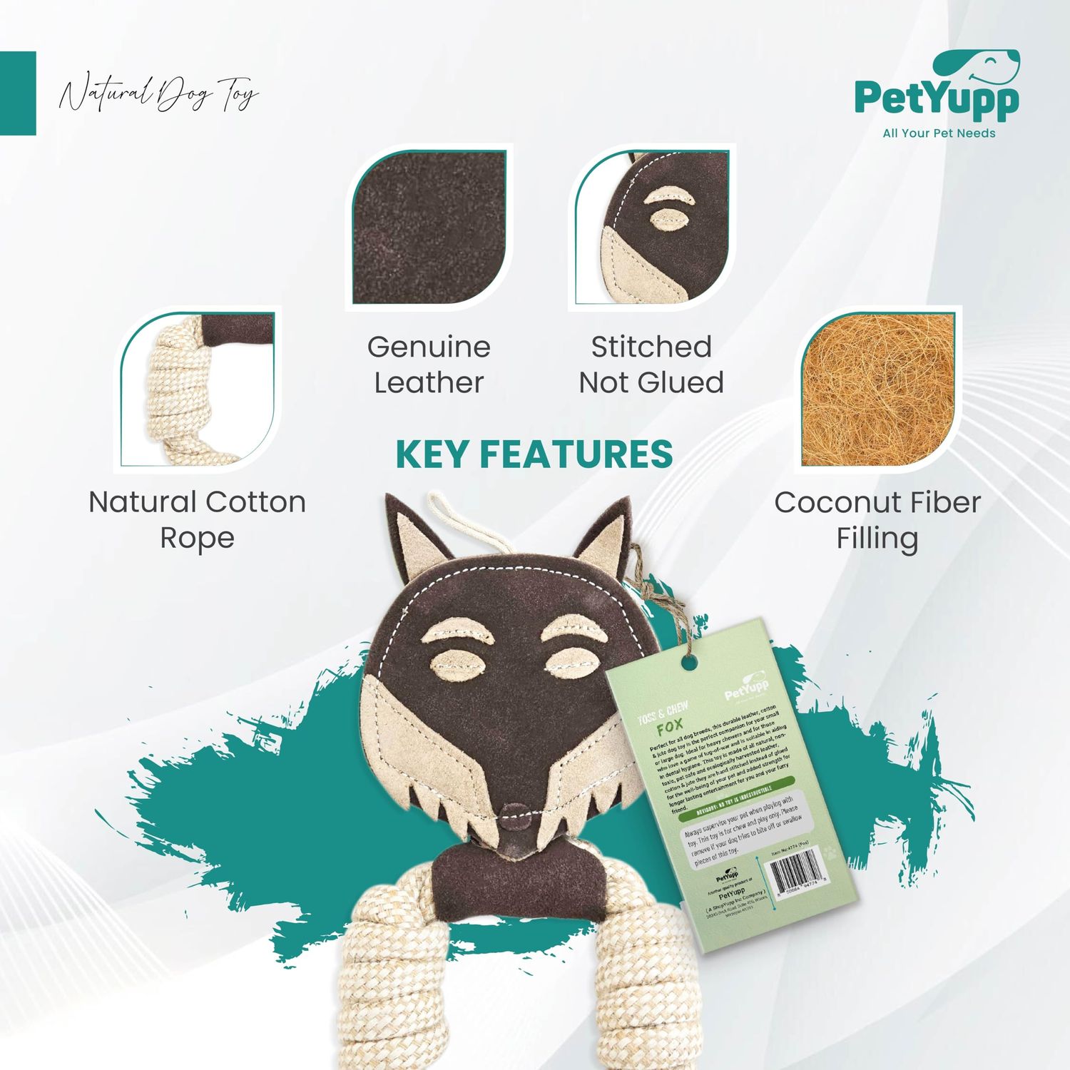 PetYupp Cotton & Jute Toss - Tug Dog Toy with Genuine Leather - for Teething Puppy, Dental Health, Aggressive Chewer, Tug-of-War Dog Toys and All Dog Sizes (Toss & Tug Dog Toy - Fox), Brown