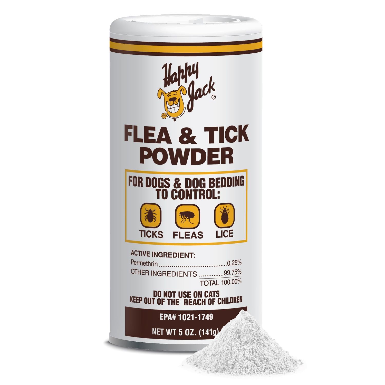 Happy Jack Flea and Tick Powder for Dogs & Puppies, Flea Powder for Carpets, Treatment & Control, Kills Pests, Ticks & Lice, Odorless & Non-Staining, Dust on Sleeping Quarters & Furniture (5 oz)