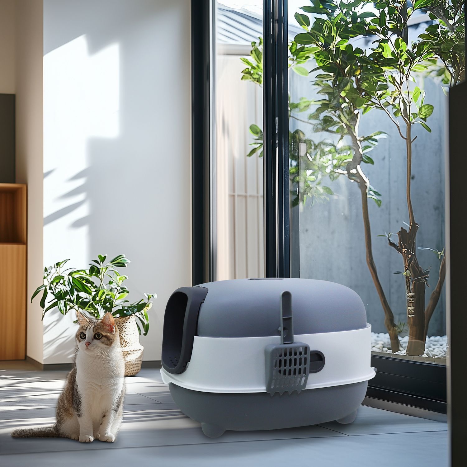 Compact Enclosed Cat Litter Box with Litter Scoop Plastic Cat Toilet Easy Clean