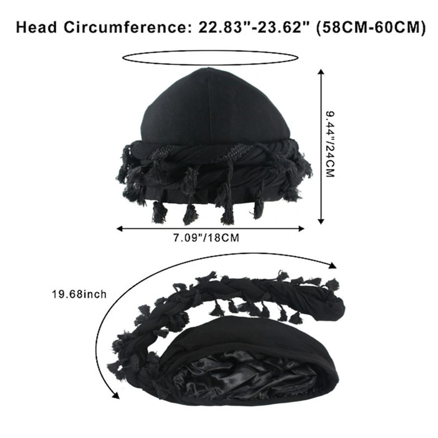 YuMENo Turban for Men Women Vintage Twist Durag Head Wraps Satin Lined Halo Turban with Tassel Waves Braids Light Grey