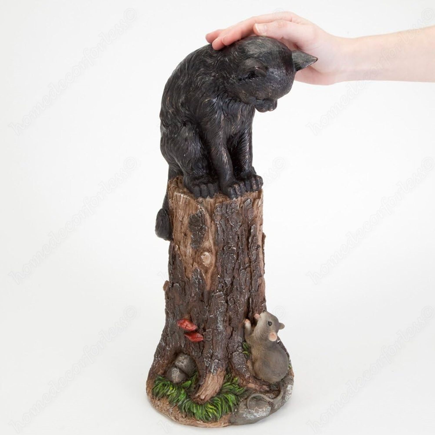 Realistic Cat Perched on Tree Stump w Inquisitive Mouse Garden Sculpture Statue