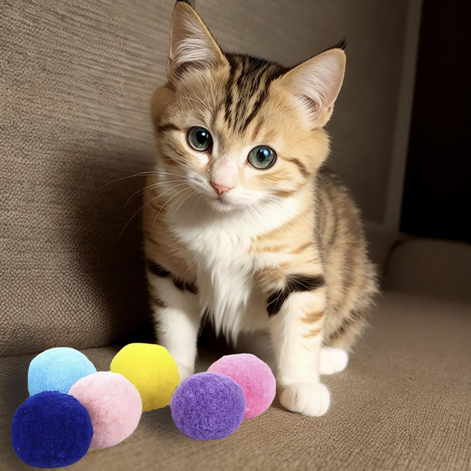 HaiPal Cat Toy Balls, 10Pcs Premium Soft Pom Pom Balls for Kittens, 1,6'' Funny Interactive Cat Pompom Toys for Bored Indoor Cats Playing Plush Balls for Craft DIY Decorations, Cute Kitten Kitty Toys.