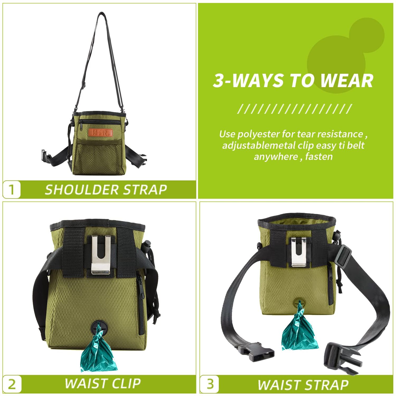 KHPR Dog Treat Training Pouch Easily Carries Pet Toys Kibble, Treats Built-in Poop Bag Dispenser 3 Ways to Wear Comes with a Foldable Silicone Bowl(Army Green)