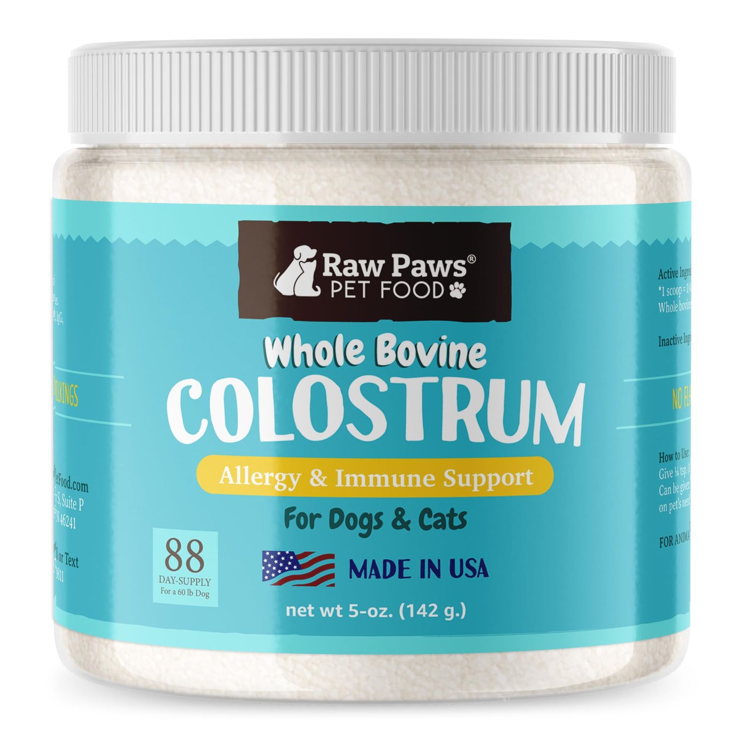 Raw Paws Pet Bovine Colostrum for Dogs Allergies & Immune Support, 5-oz - Made in USA - Colostrum for Cats - Senior Dog Supplements - Itchy Skin Treatment - All Ages, Sizes & Breeds