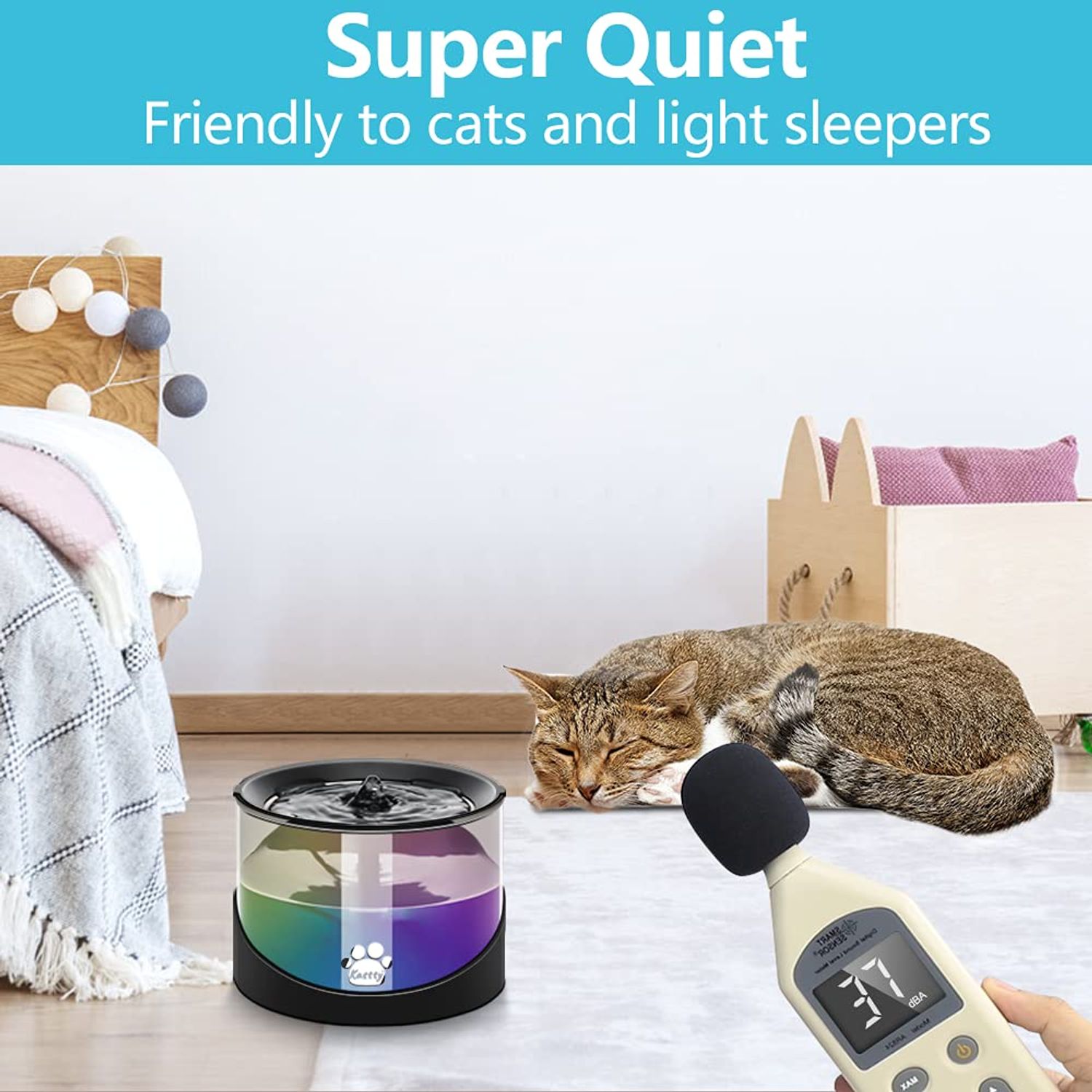 Kastty Super Quiet Water Fountain for Cats Inside, Pet Water Fountain for Kitty, Cat Waterer, Dog Bowl Dispenser 2.2L/74oz,with Super Long Life Span Pump, Black+Colorful LED Light