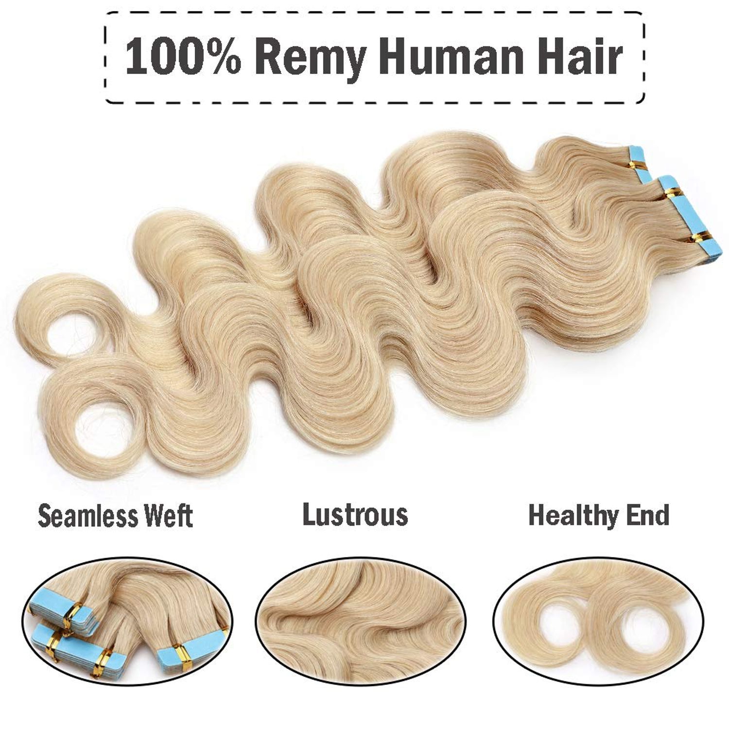 Hairro 18 Inch Tape in Hair Extensions Wavy Remy Human Hair 40pcs 100g #60 Platinum Blonde Body Wave Seamless Skin Weft Glue in Human Hairpieces with Invisible Double Sided Tape