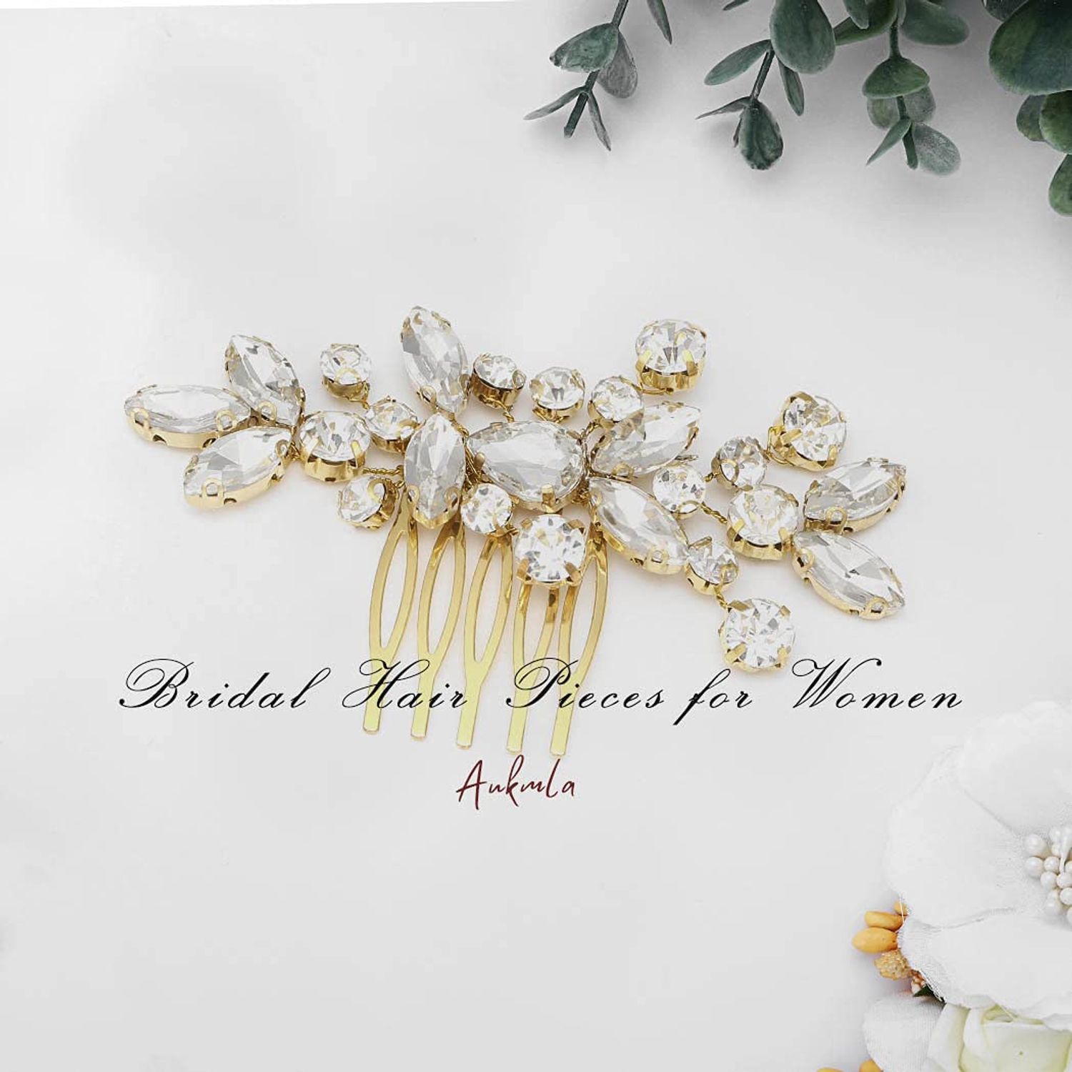 Aukmla Rhinestone Bride Wedding Hair Comb Gold Bridal Hair Piece Crystal Hair Accessories for Women and Girls (B Gold)