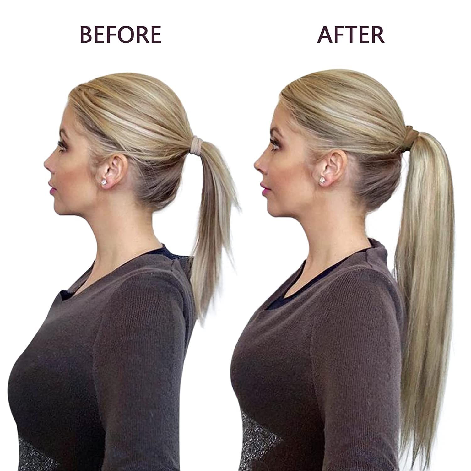 RUNATURE Ponytail Hair Extensions Human Hair 20 Inch 80g Straight Ponytail Human Hair Extensions with Clips Light Brown with Platinum Blonde Natural Wrap Around Ponytail Extension Long Hair Full Ends