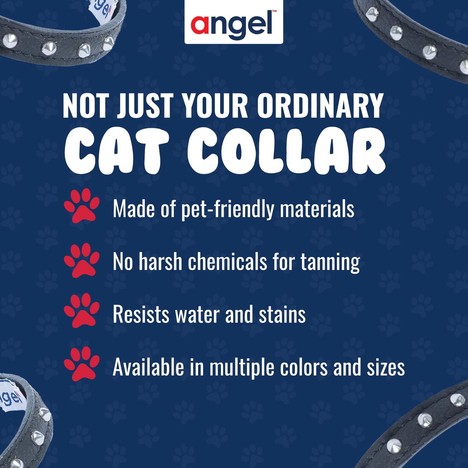 Studded Cat Collar, Genuine Leather Kitten Collar, Sturdy Breakaway Cat Collar, Water-Resistant Cat Collar with Bell & Elastic Stretch, Midnight Black, 10 x 1/2 inches - Angel Pet Supplies